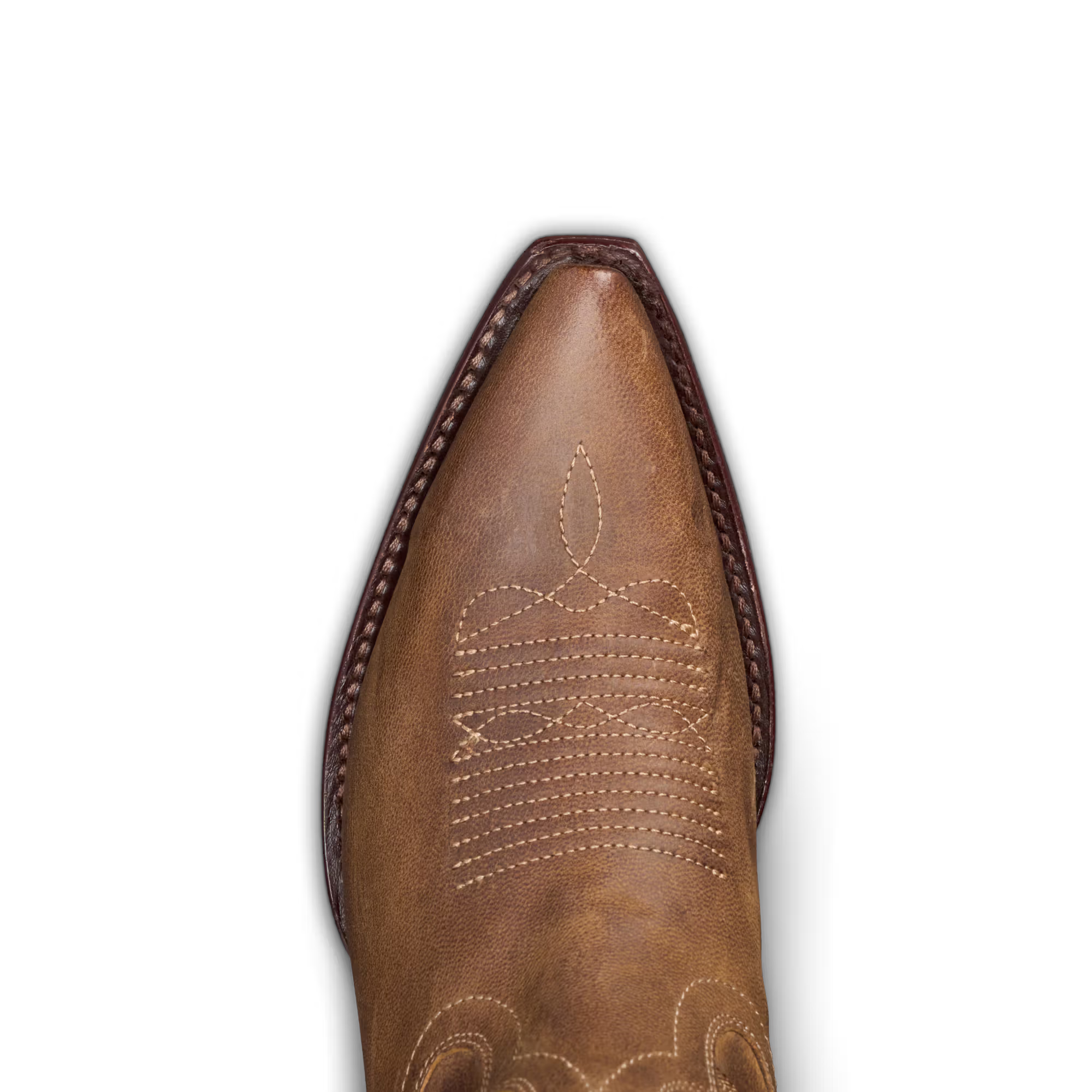 Brown cowboy boot with intricate stitching on a white background
