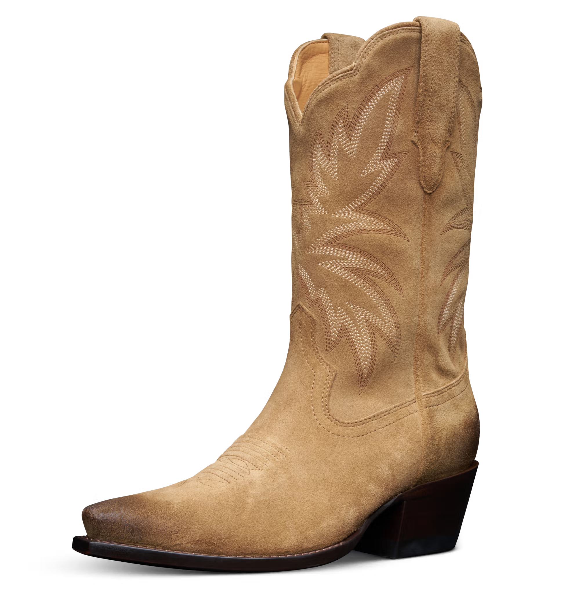 Tan cowboy boot with intricate stitching on a white background