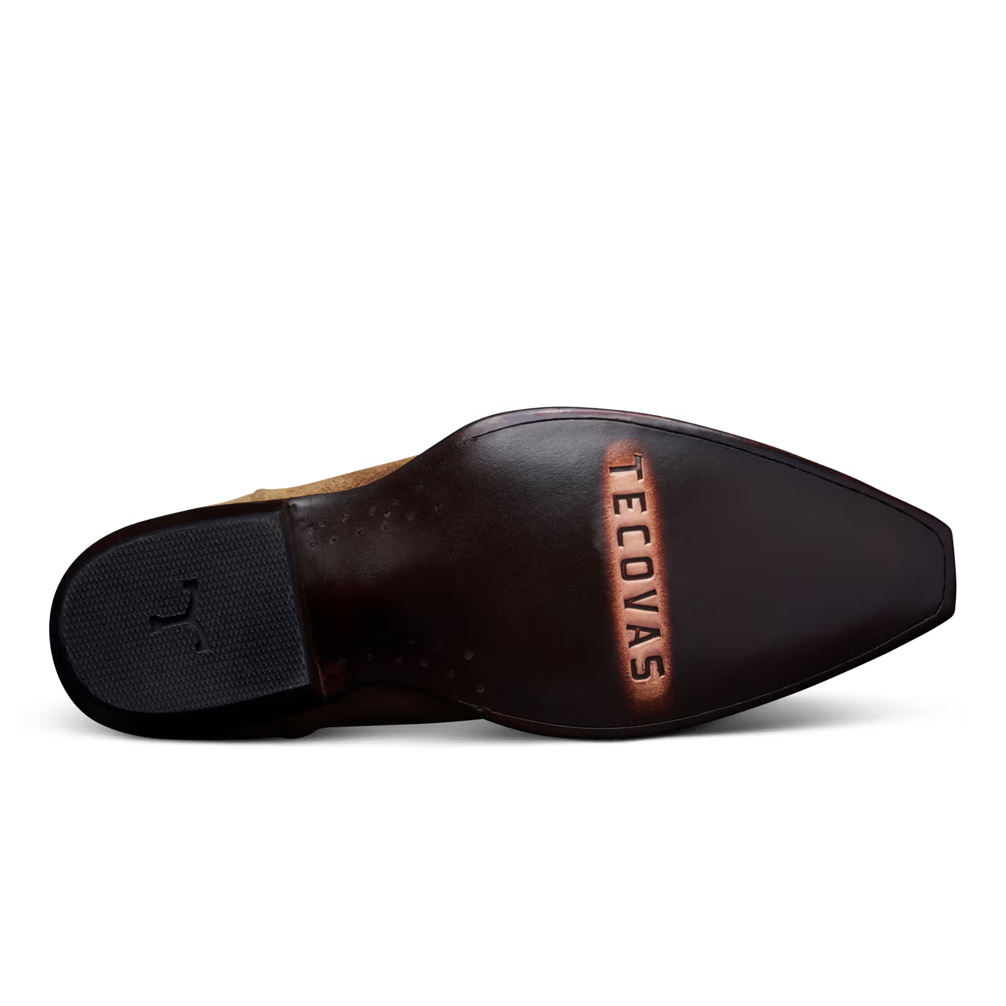 Brown leather shoe with 'Tecovas' branding on a white background