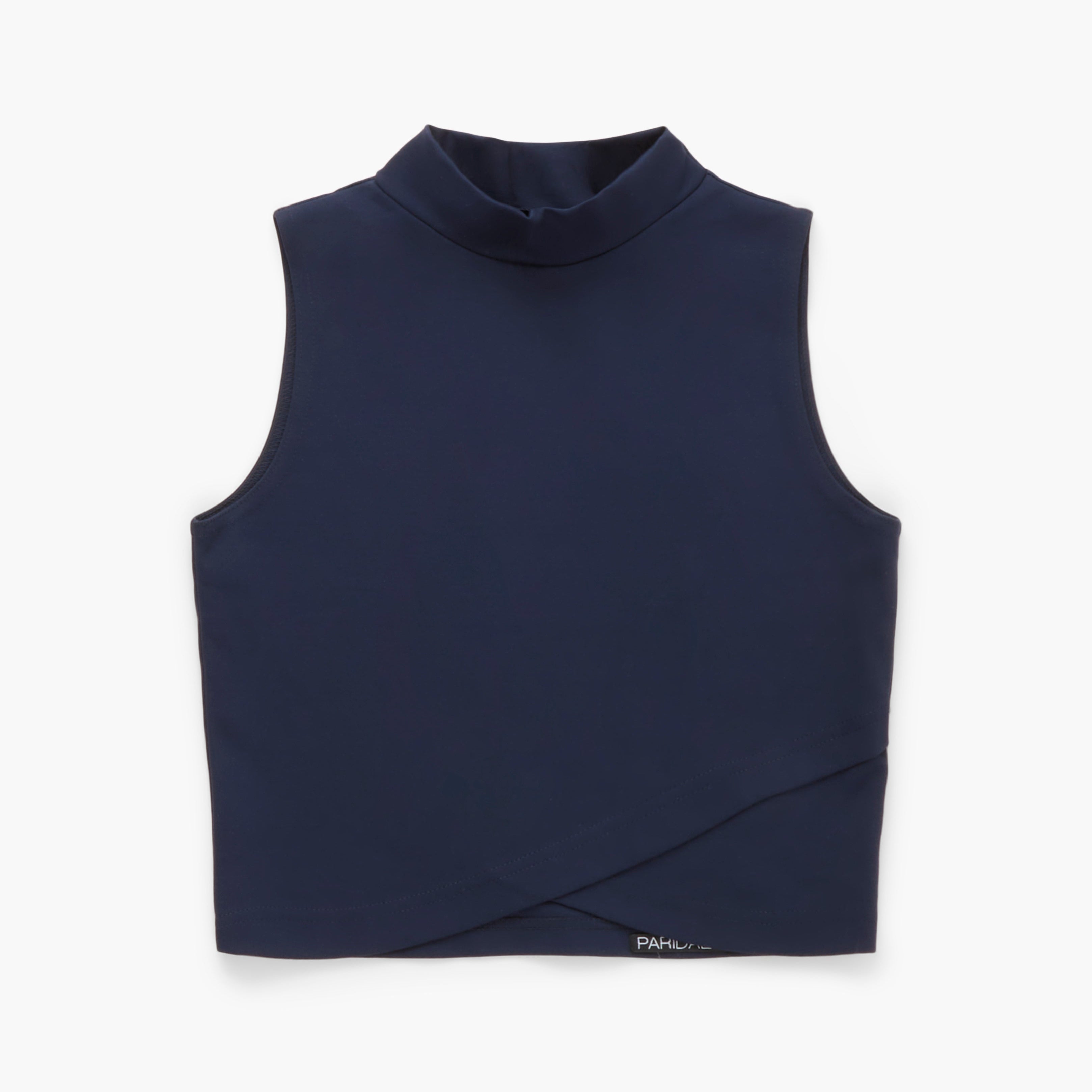 Sleeveless mock neck top on a white background