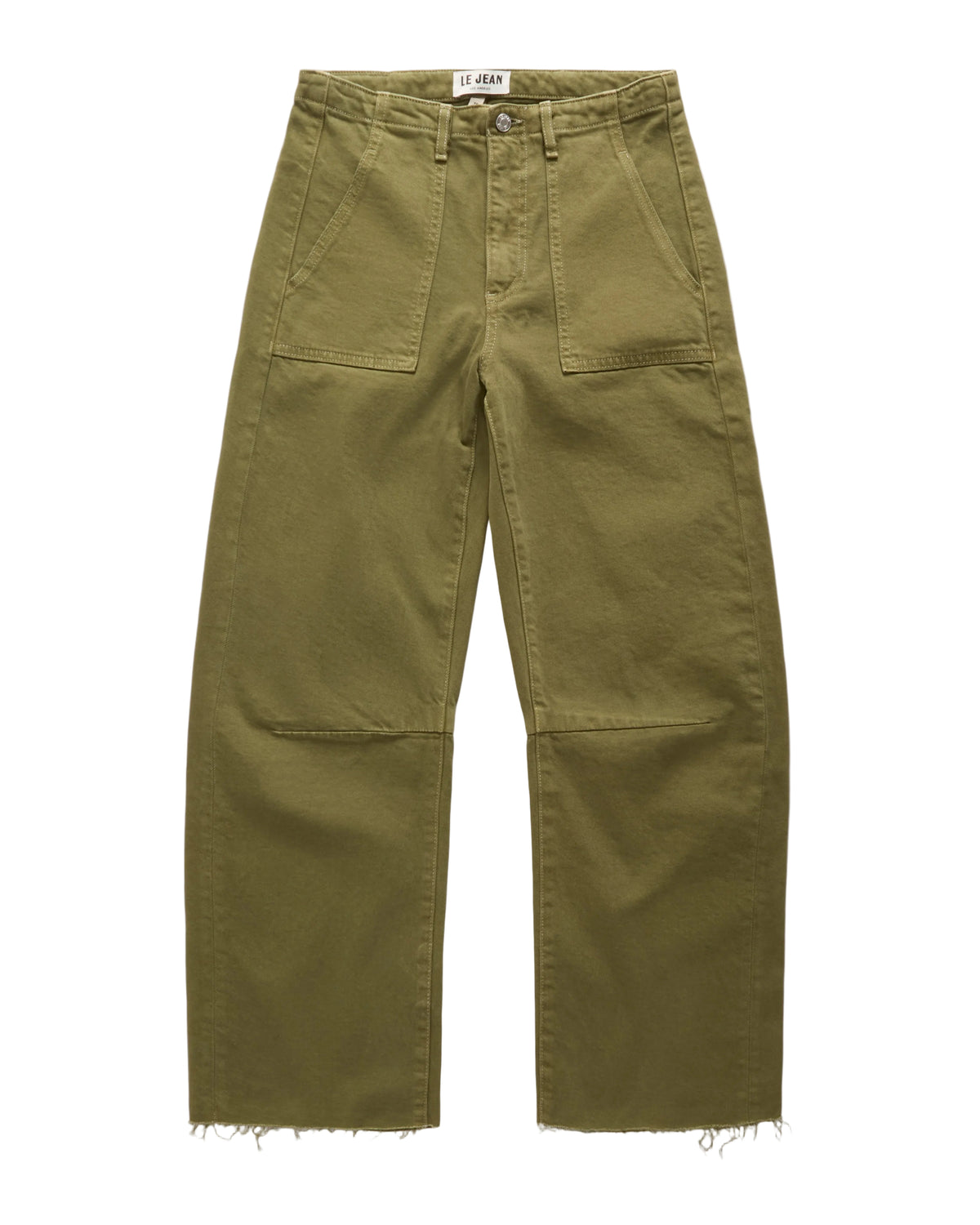 Olive green wide-leg cargo pants with a raw, frayed hem, laid flat against a light gray background.