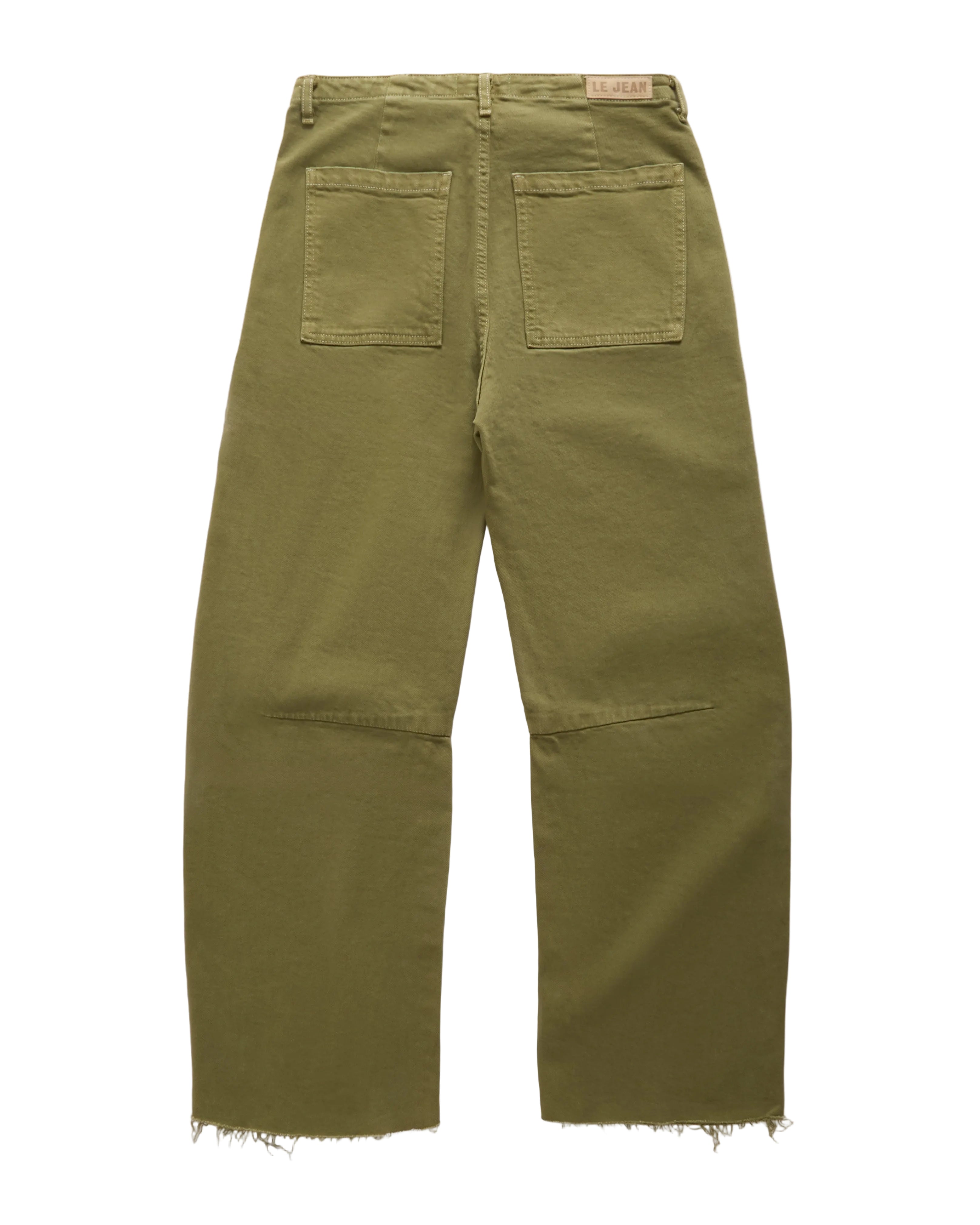 Olive green cropped pants shown from the back, featuring two large patch pockets, a button closure, and a raw, frayed hem.