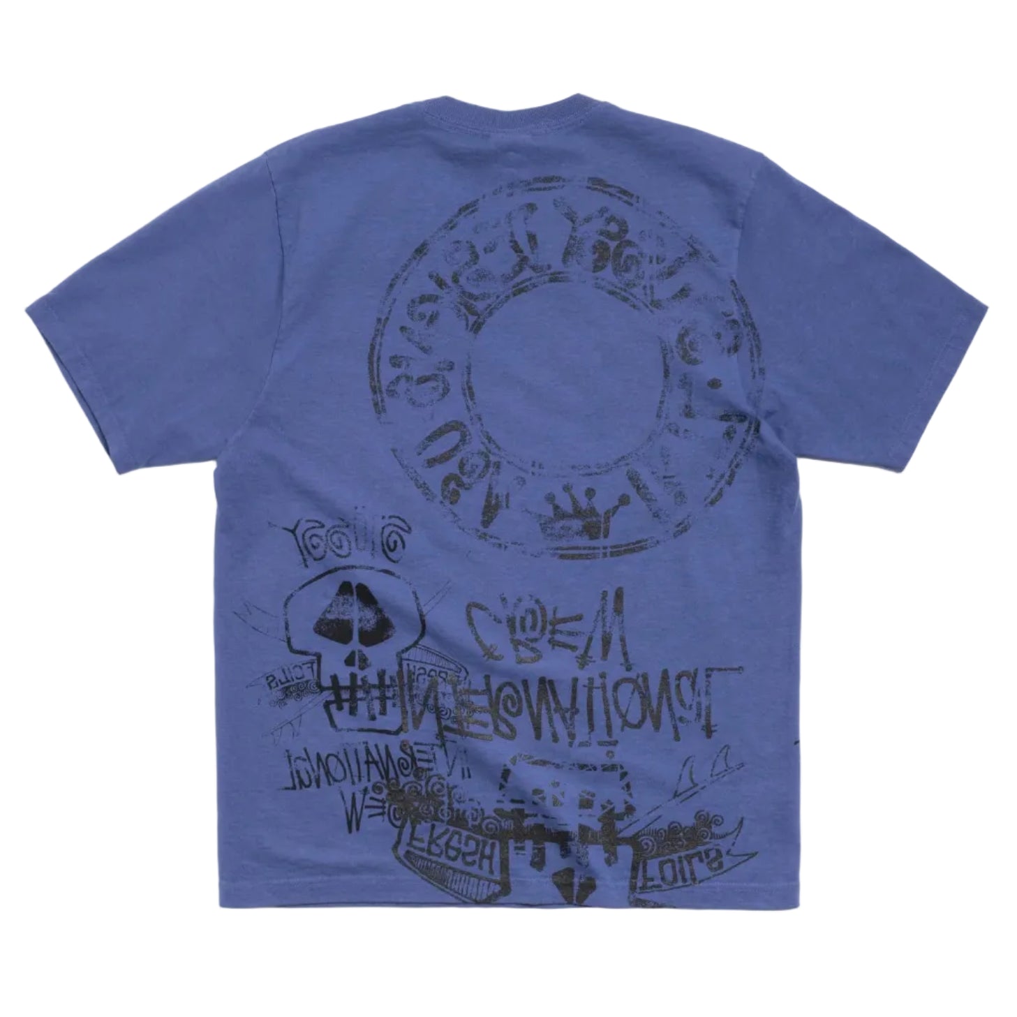 Blue t-shirt with black graphics on a white background