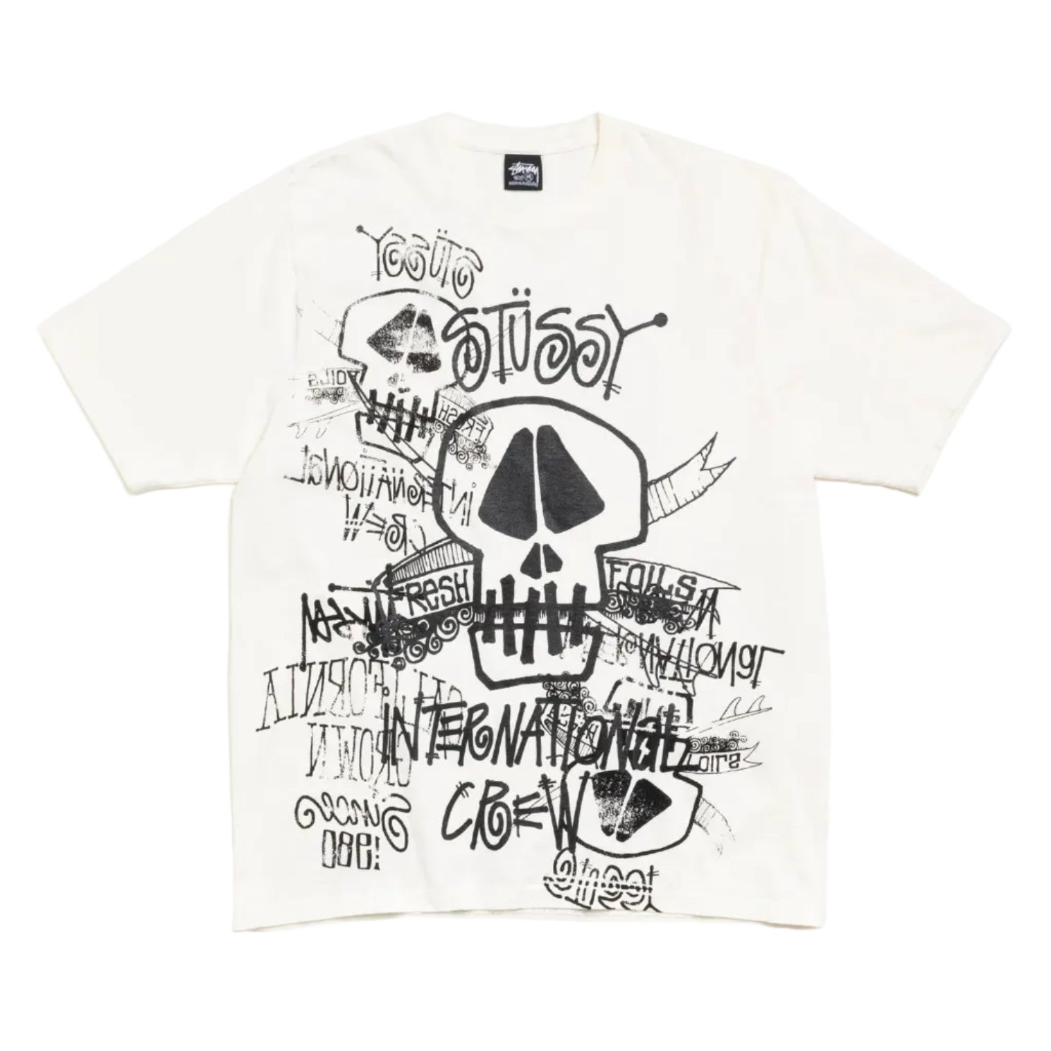 White t-shirt with a graphic print in black on a white background