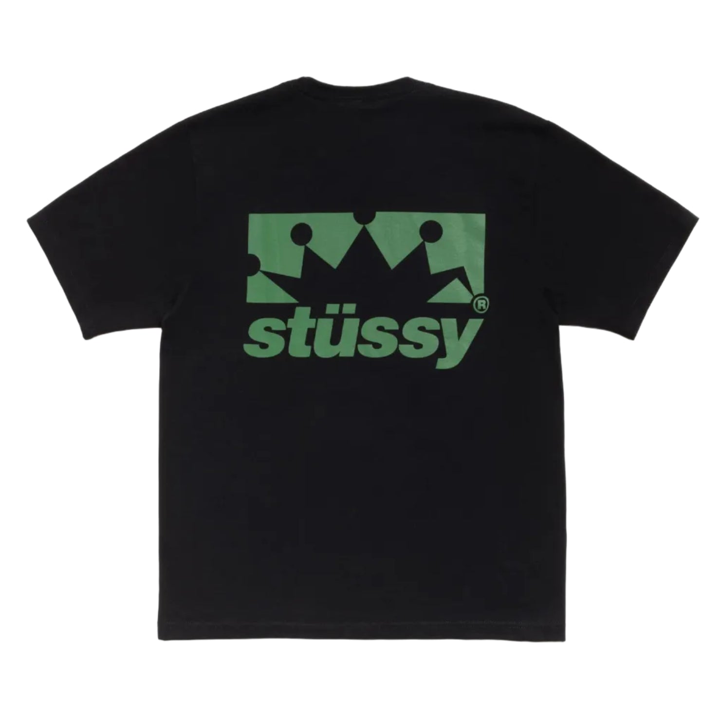 Black t-shirt with green 'stussy' logo on a white background