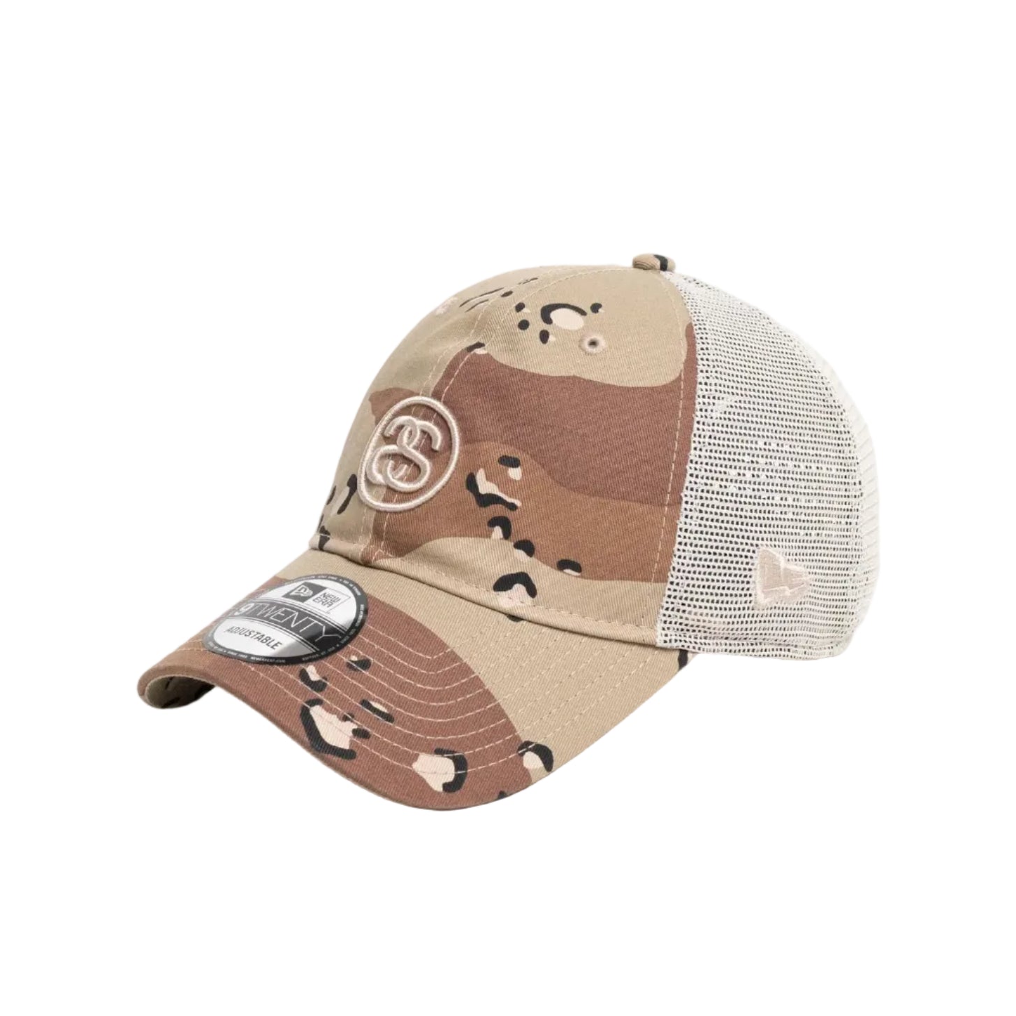 Camouflage baseball cap with mesh back on a white background