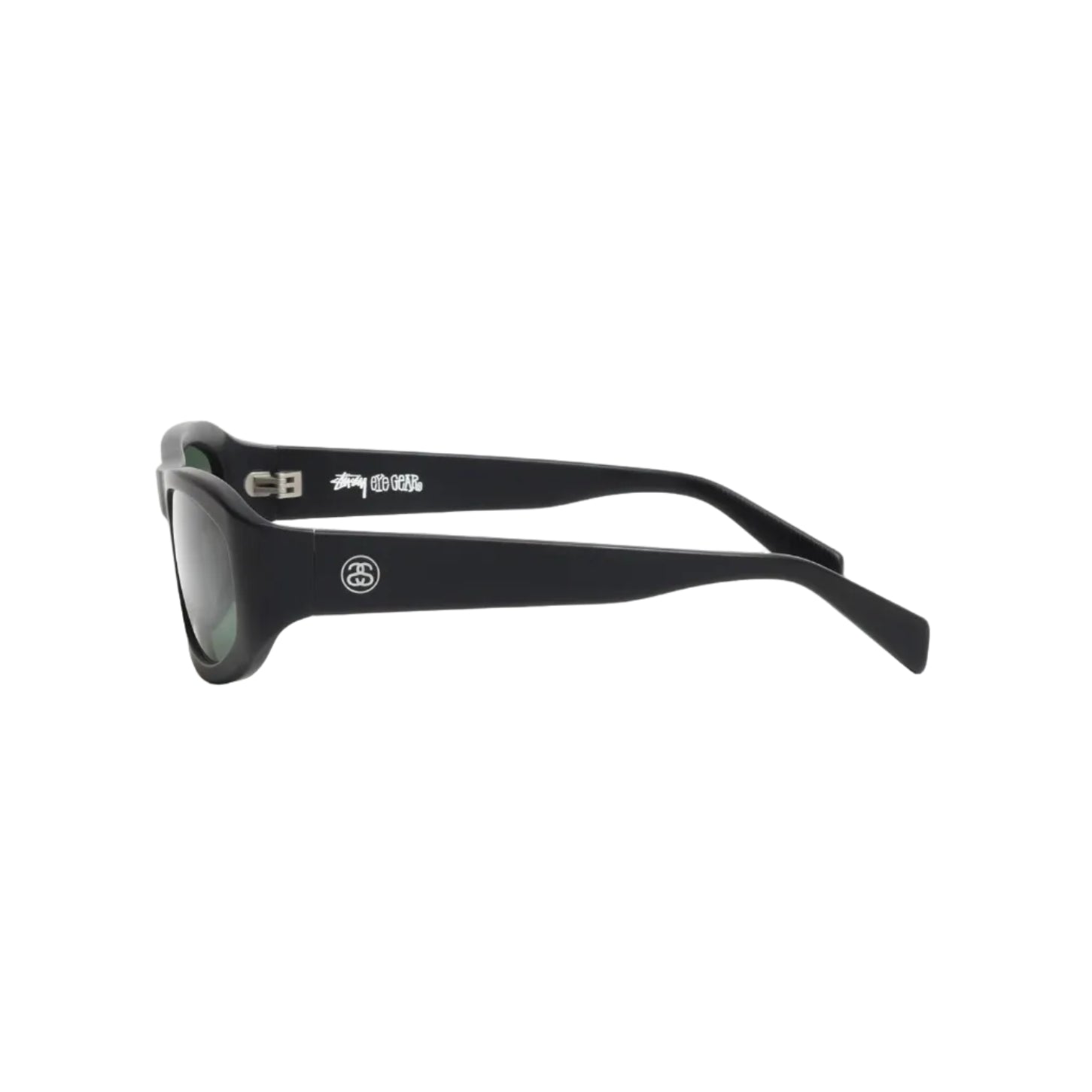 Black sunglasses with a logo on a white background