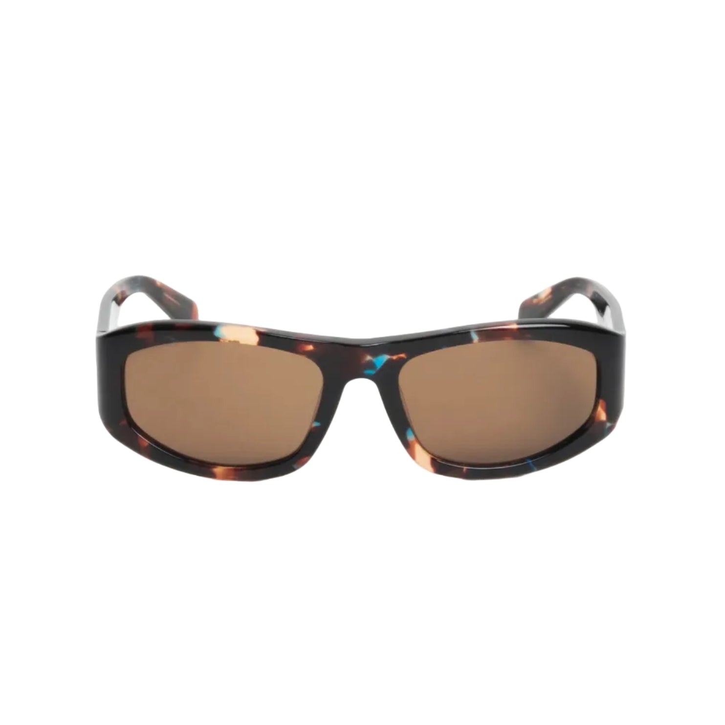 Sunglasses with tortoiseshell frame and brown lenses on a white background