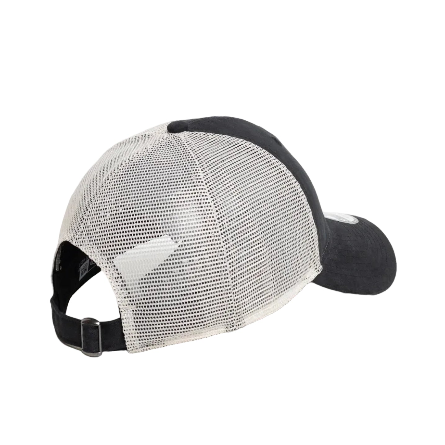 Black and white cap with mesh back on a white background