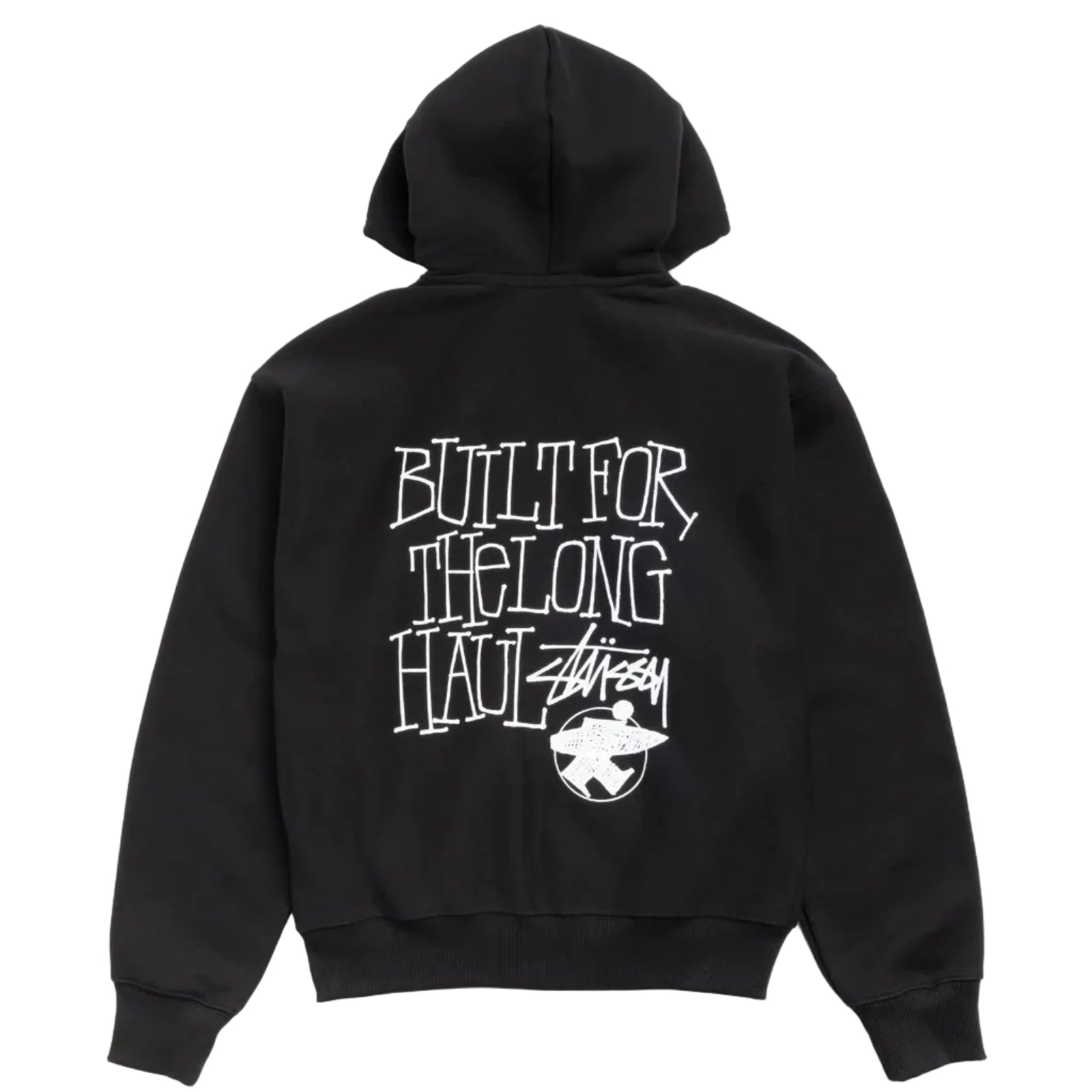 Black hoodie with white text and logo on the back, on a white background