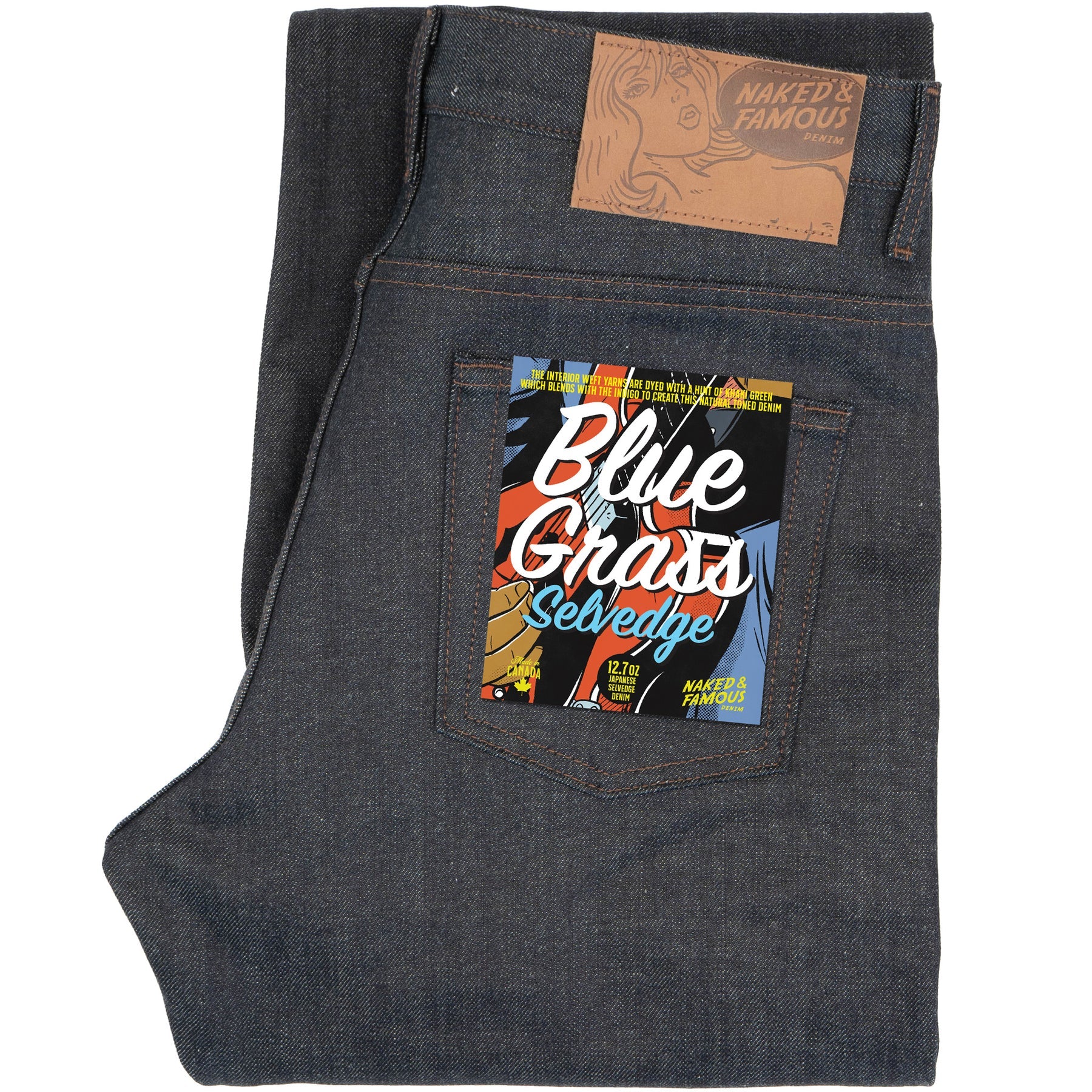 Folded blue jeans on a white background
