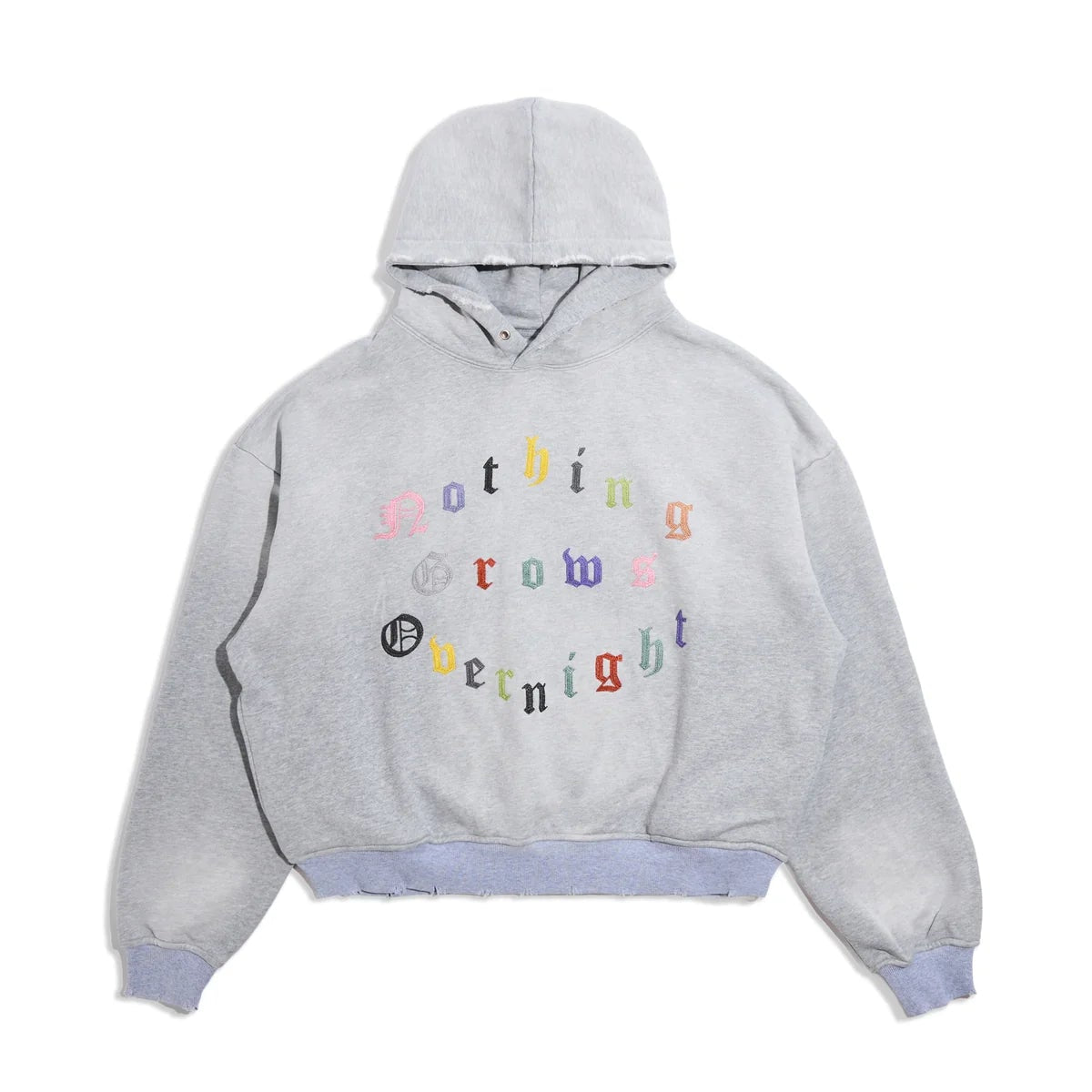 Gray hoodie with colorful text design on a white background