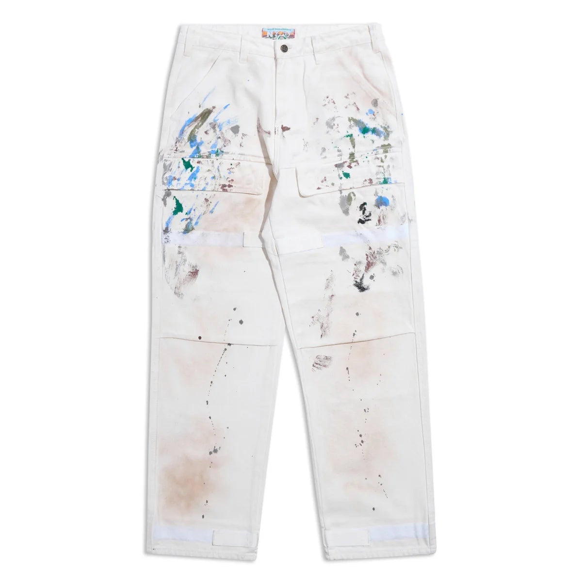White pants with colorful abstract designs on a white background