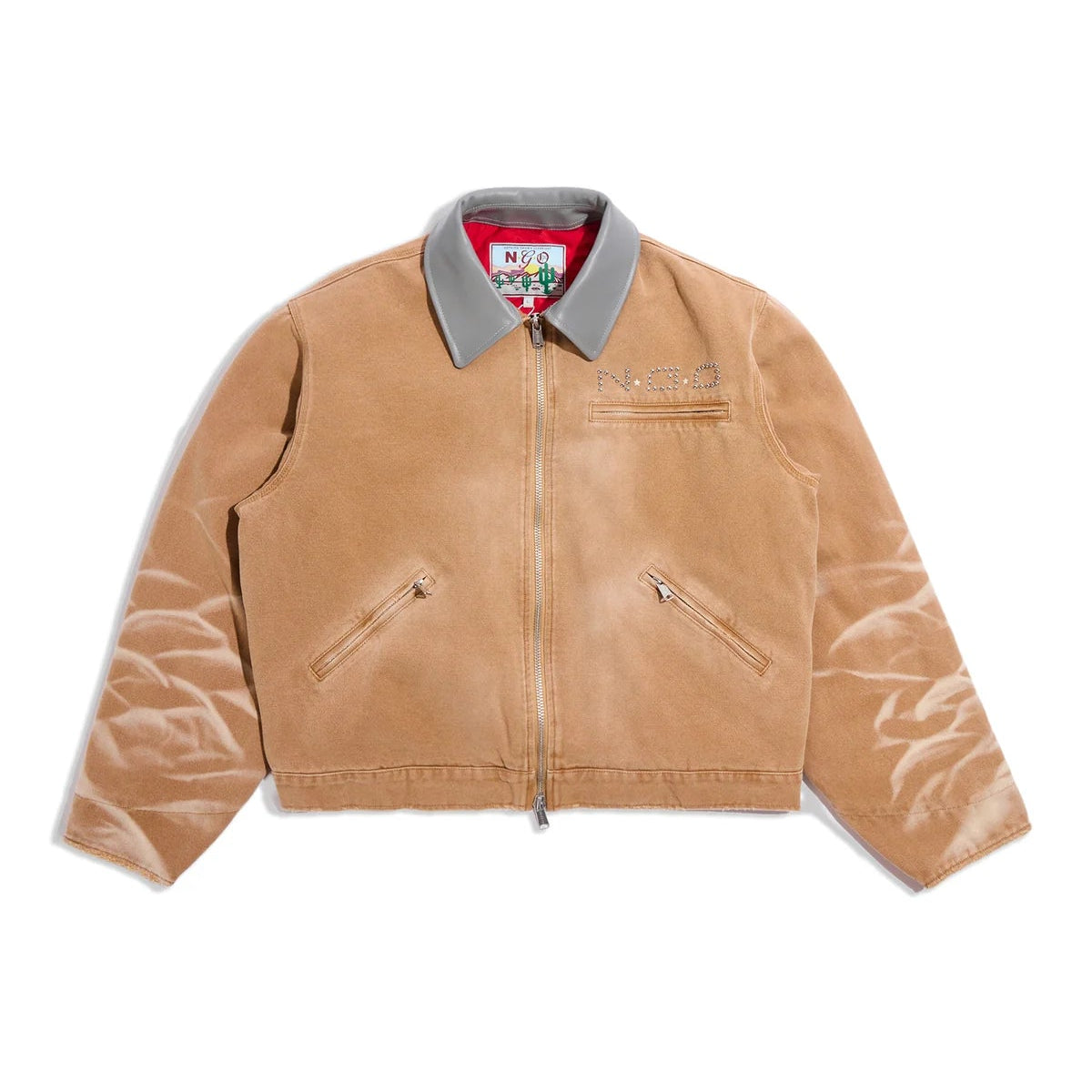 Tan jacket with a gray collar on a white background