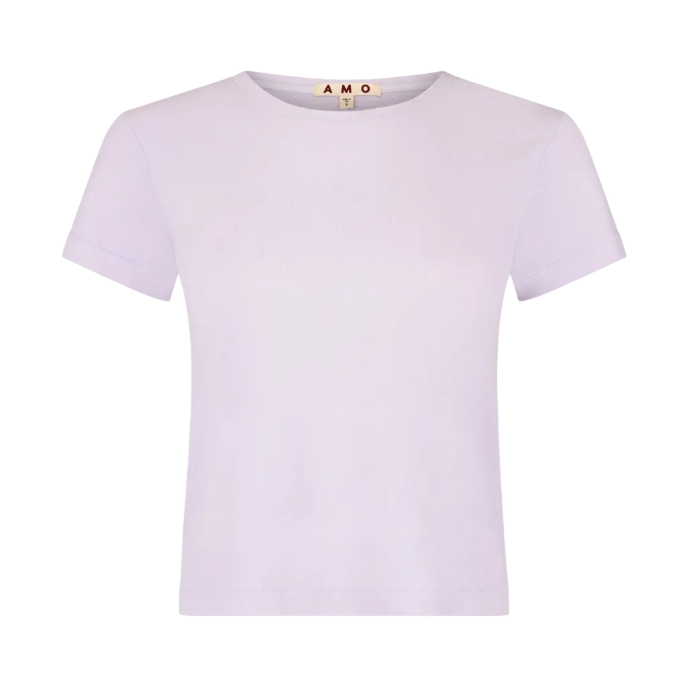 Light purple t-shirt on a white background with 'AMO' branding.