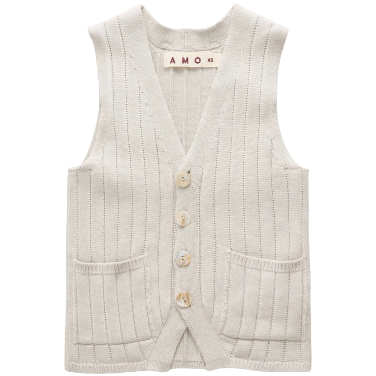 An off-white ribbed knit vest with a V-neck, four wooden buttons, and two front patch pockets, shown flat on a white
background. The brand label 'AMO' is visible inside the collar.