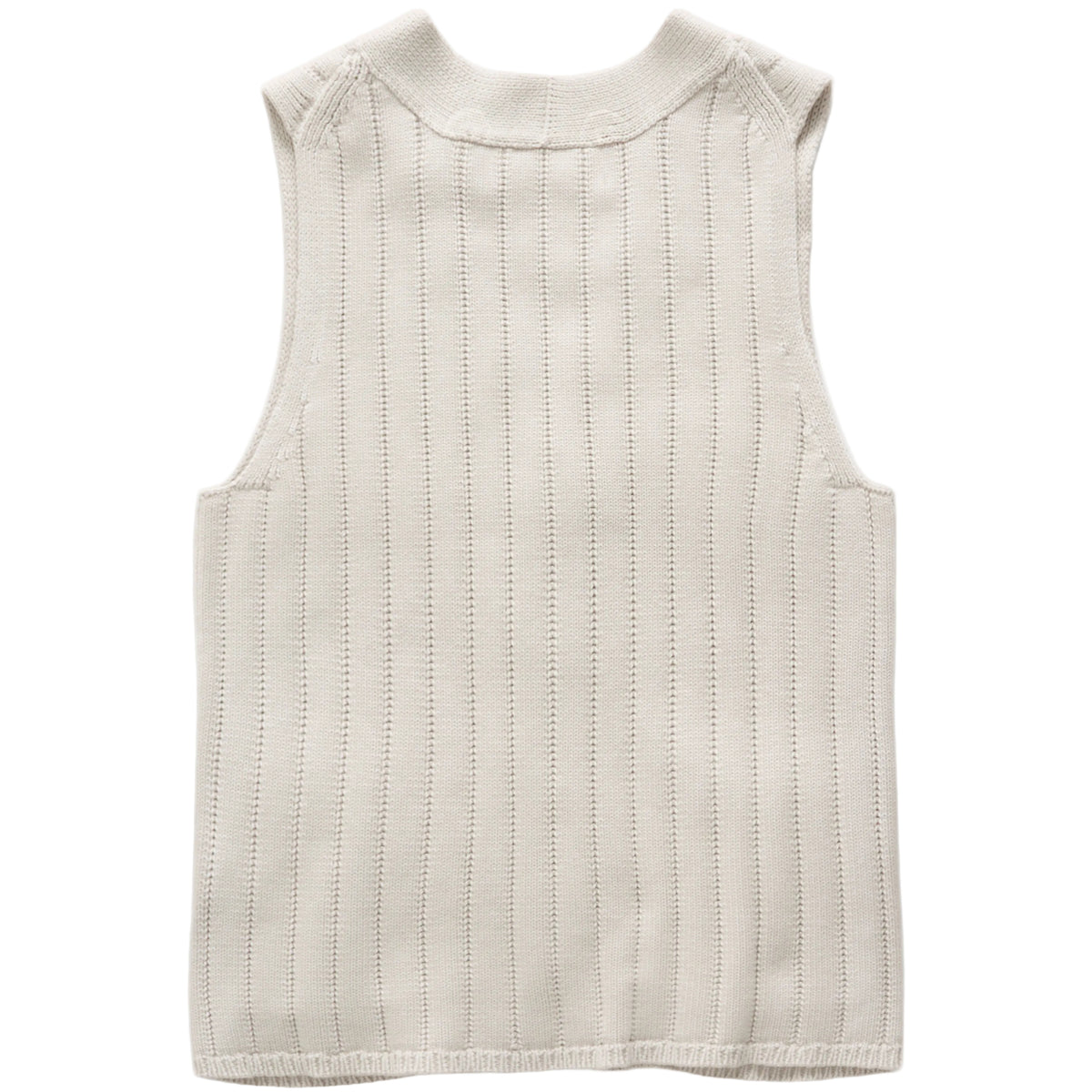 A sleeveless ribbed knit vest in a light cream or off-white color, shown from the back against a clean white background.