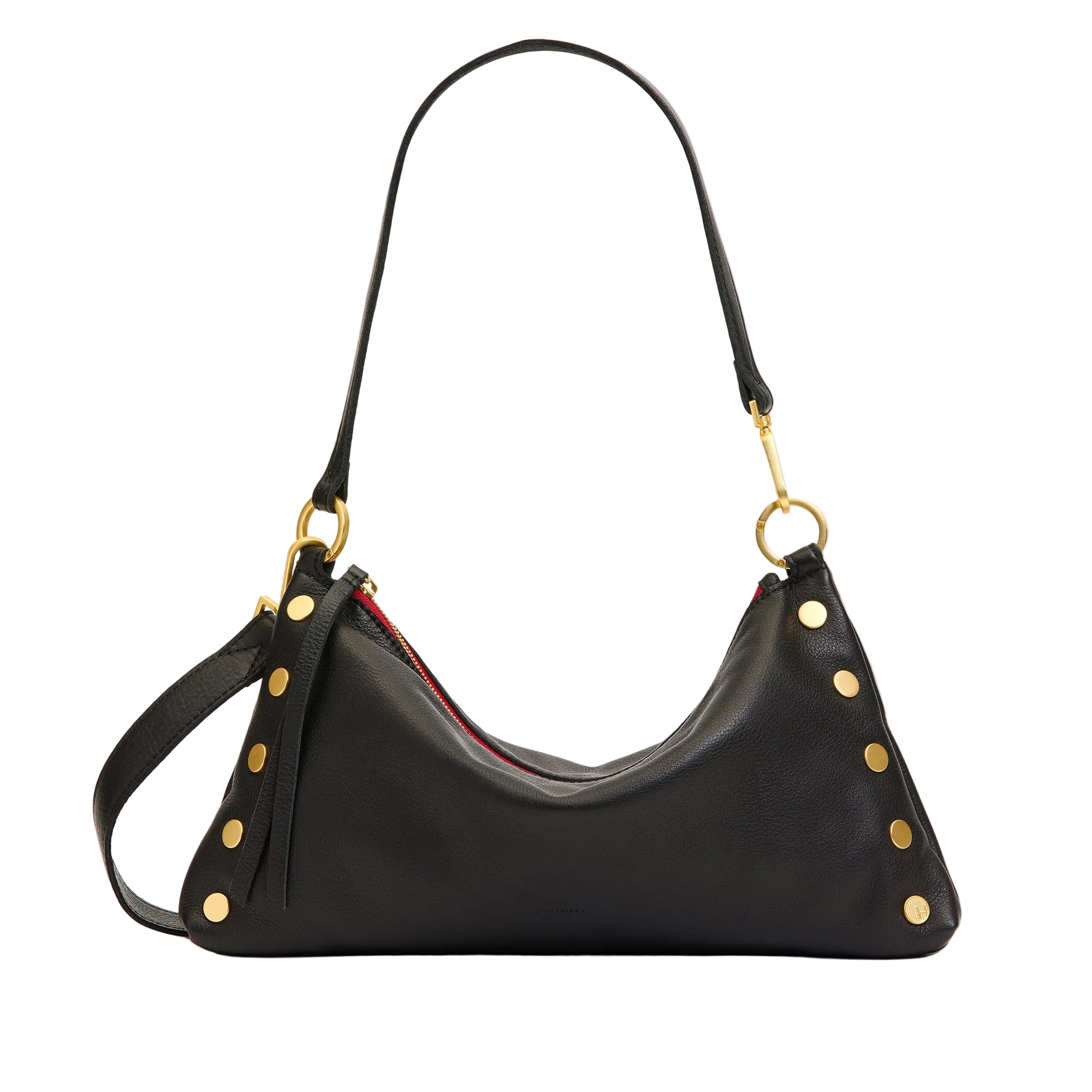 Black leather convertible bag with red and gold accents on a white background