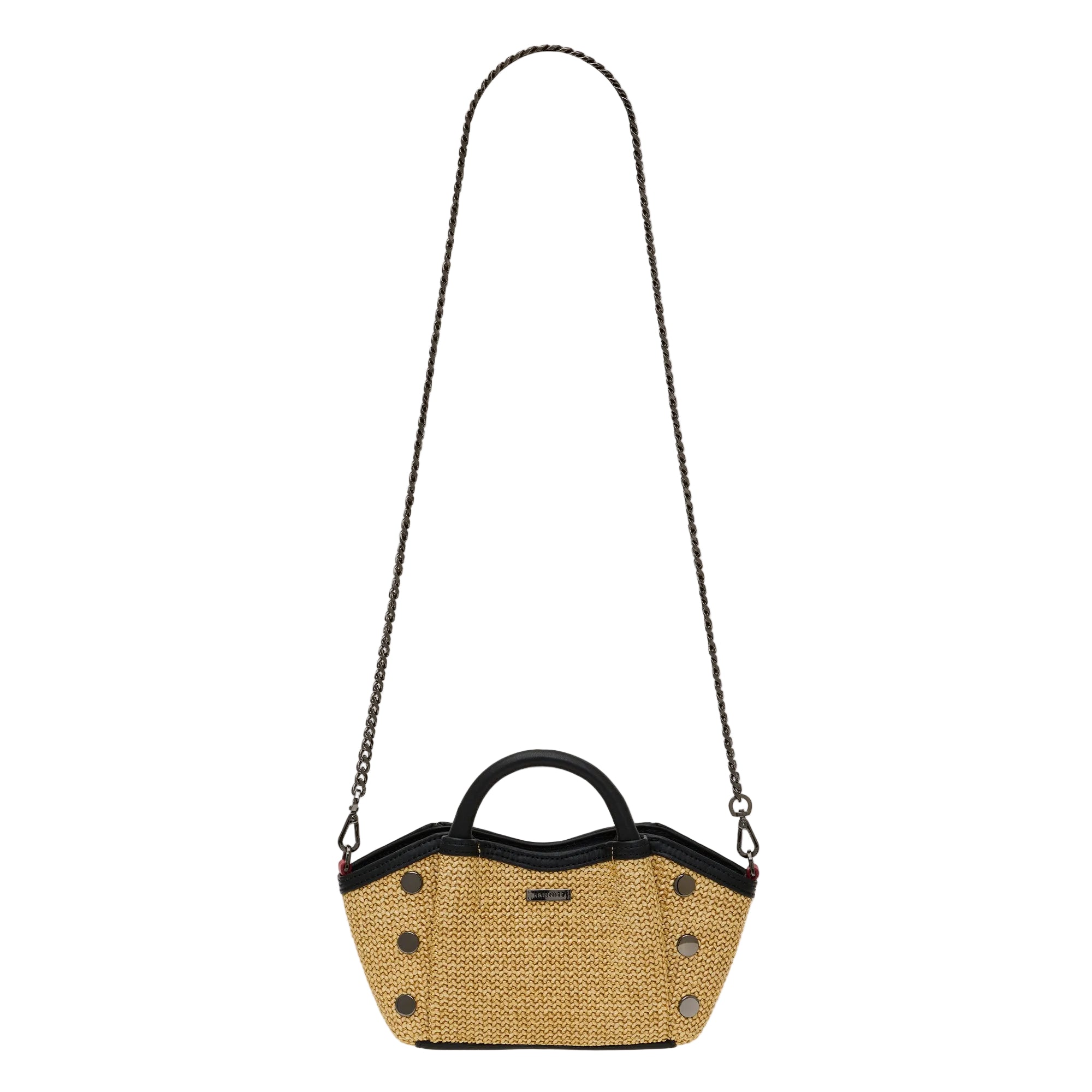 Tan textured convertible mini bag with black accents on a white background