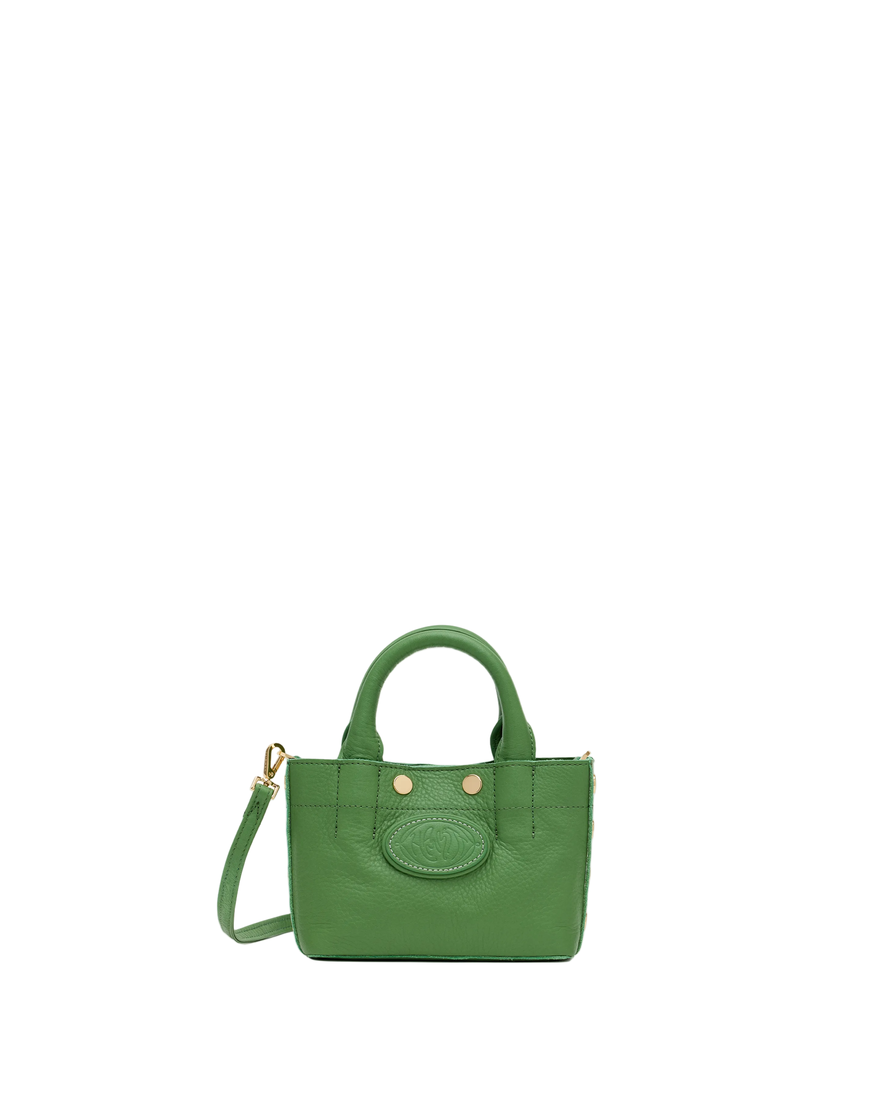 Green mini convertible tote bag with gold accents on a white background