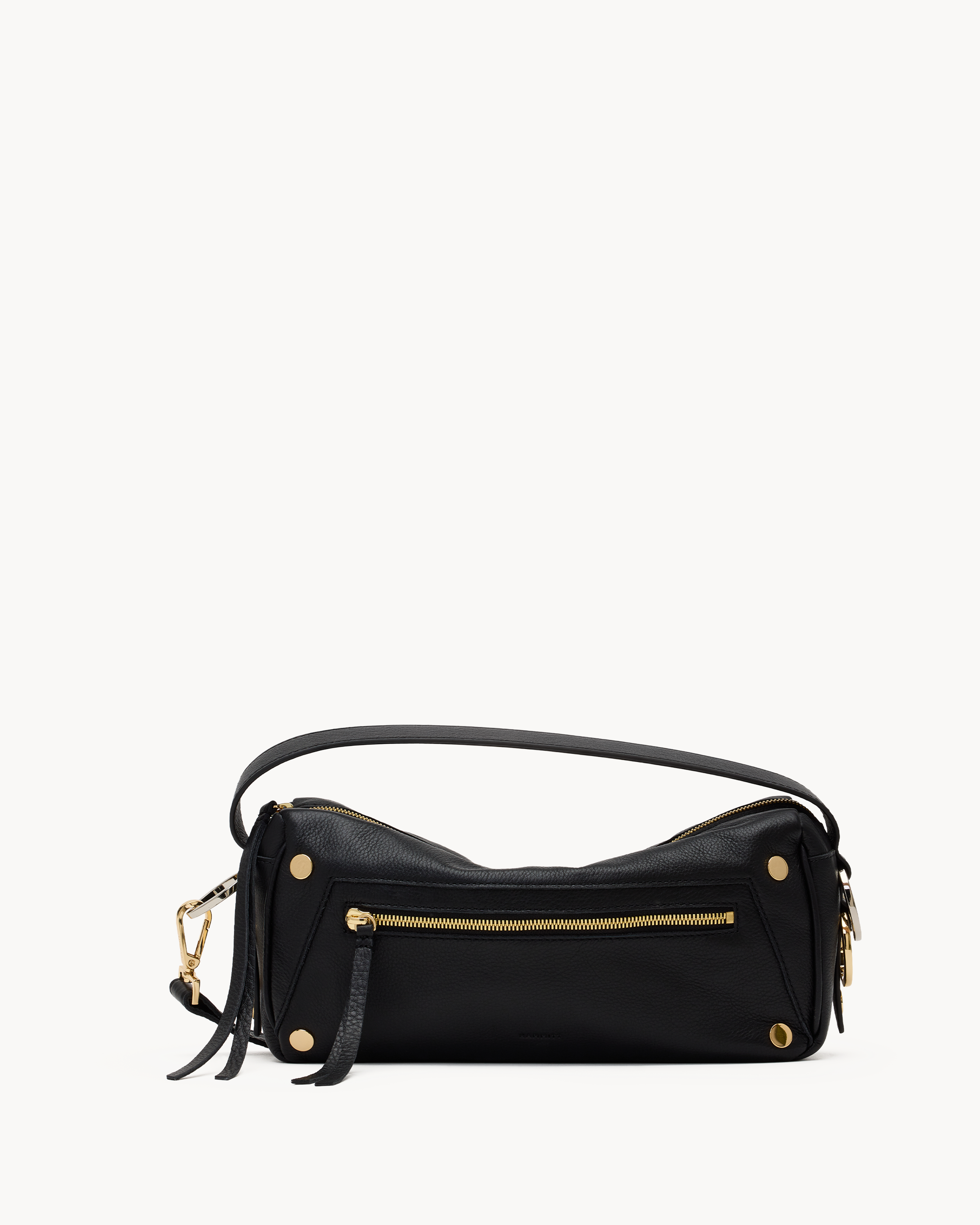 Black handbag with gold accents on a white background