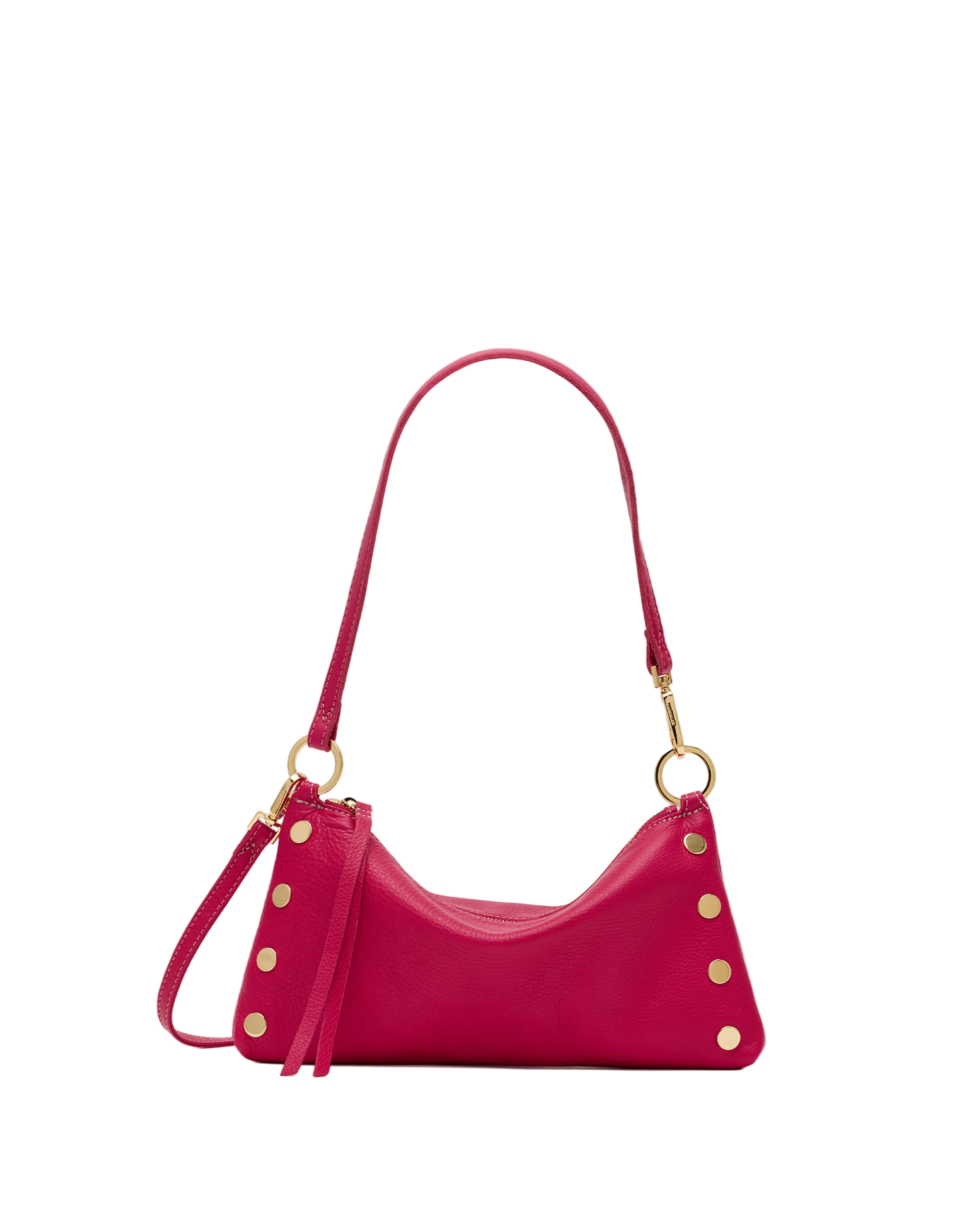 Magenta leather convertible bag with gold accents on a white background