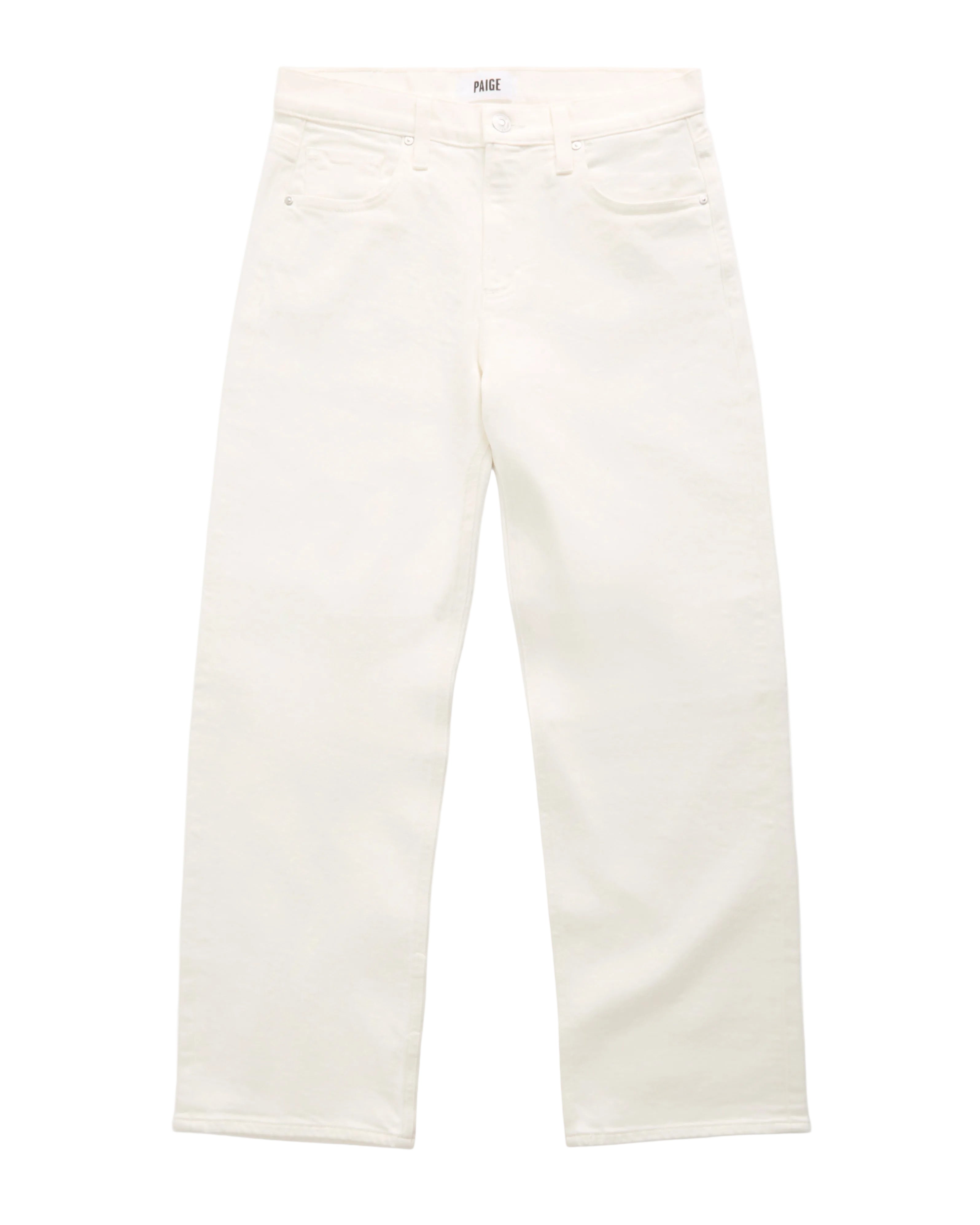 A pair of off-white denim jeans laid flat against a clean white background.