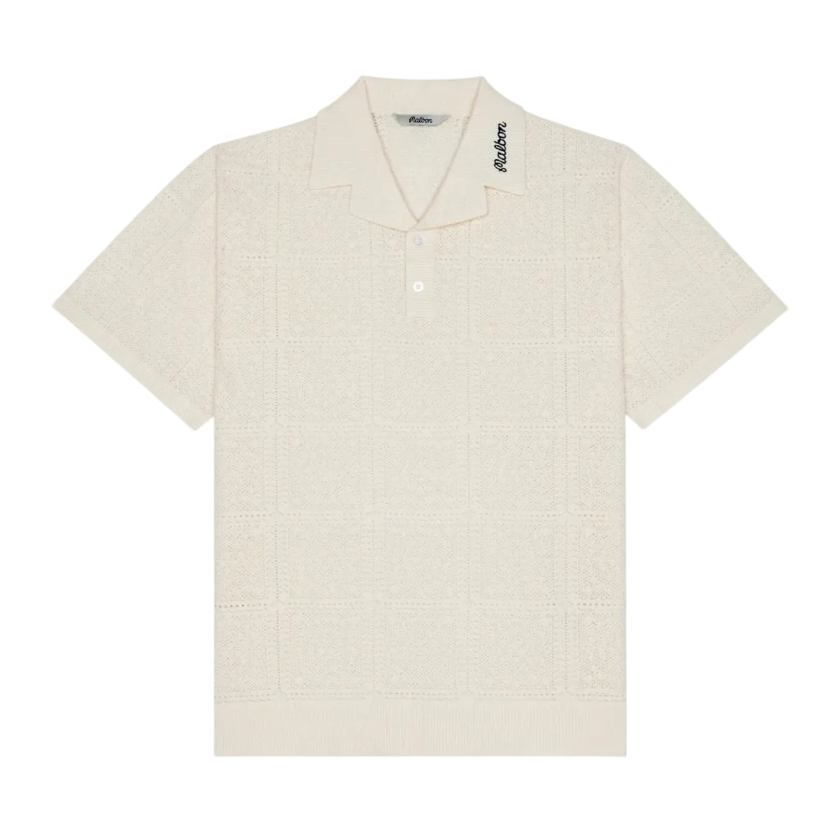 Beige short-sleeve shirt with a brand logo on a white background