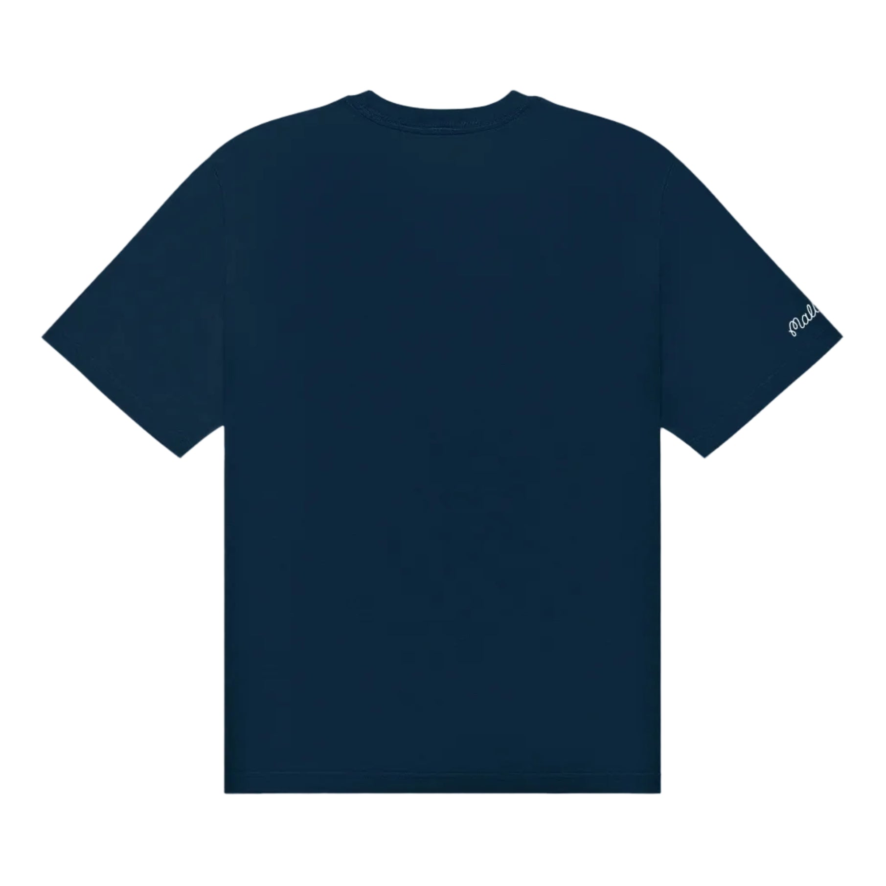 Back of a navy blue t-shirt on a white background