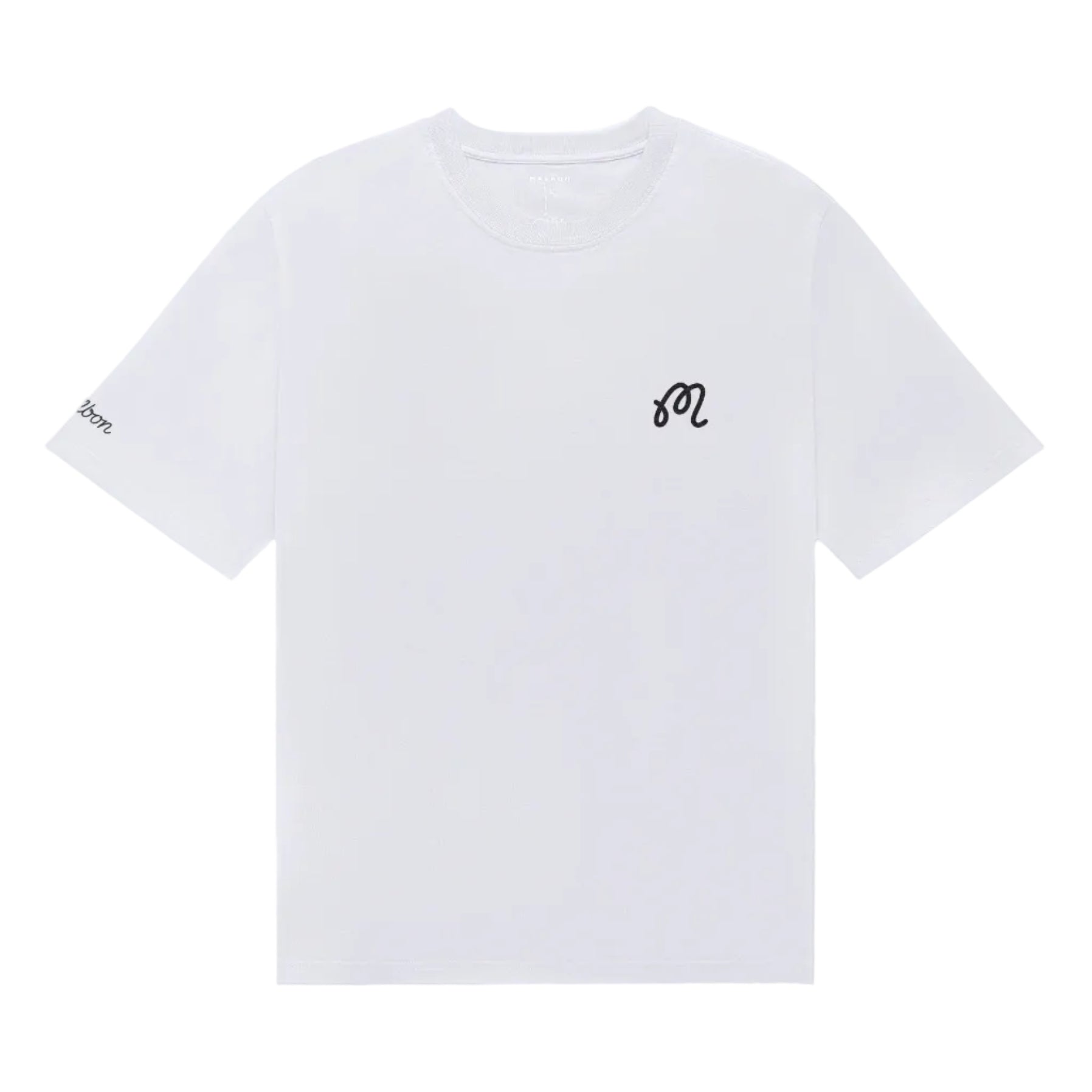 White t-shirt with a small black logo on a white background