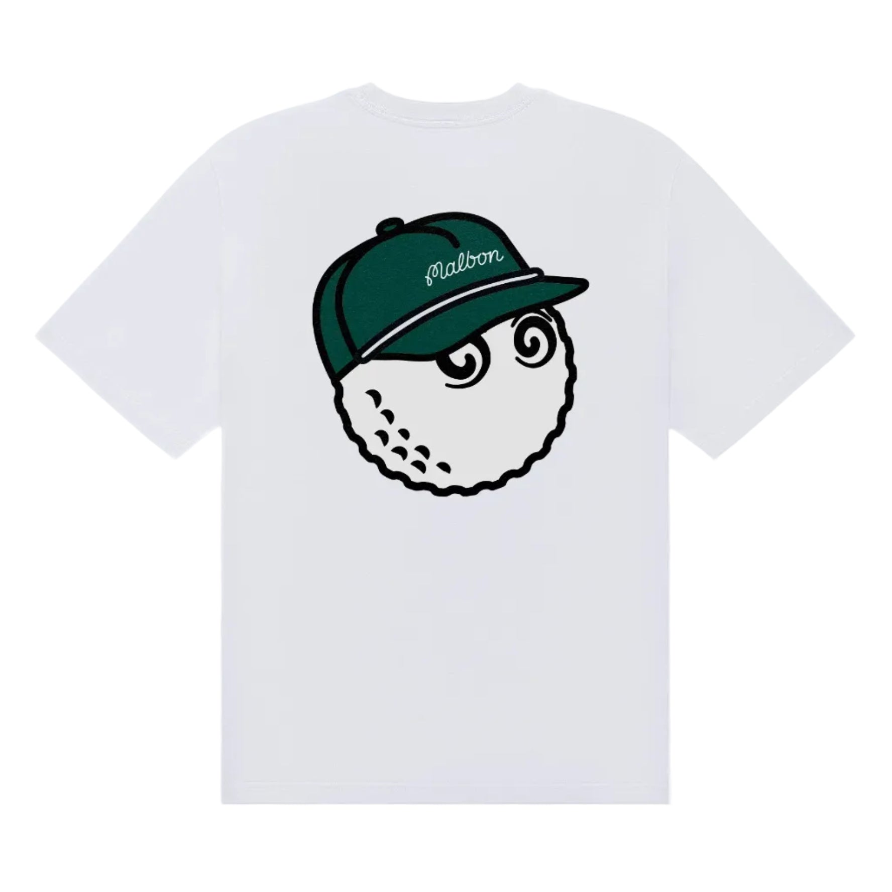 Back of a white t-shirt with a golf ball logo on a white background