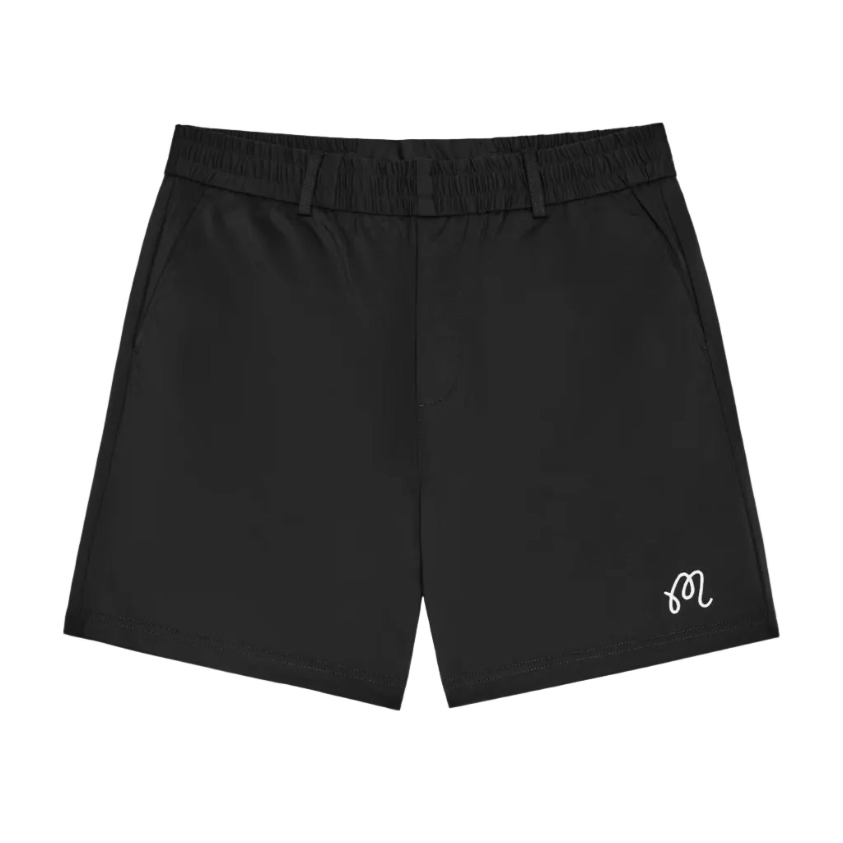 Black shorts with a small logo on a white background