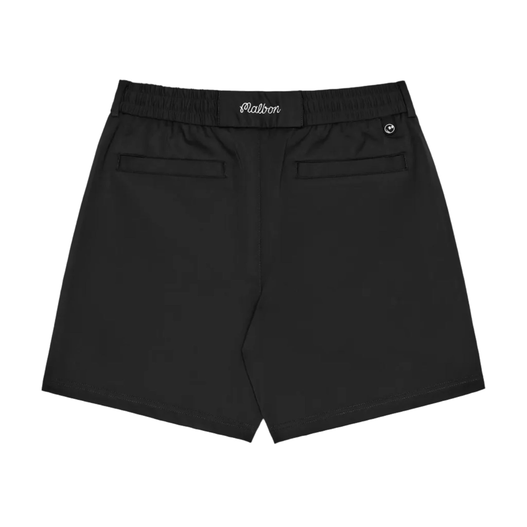 Black shorts with a brand logo on a white background