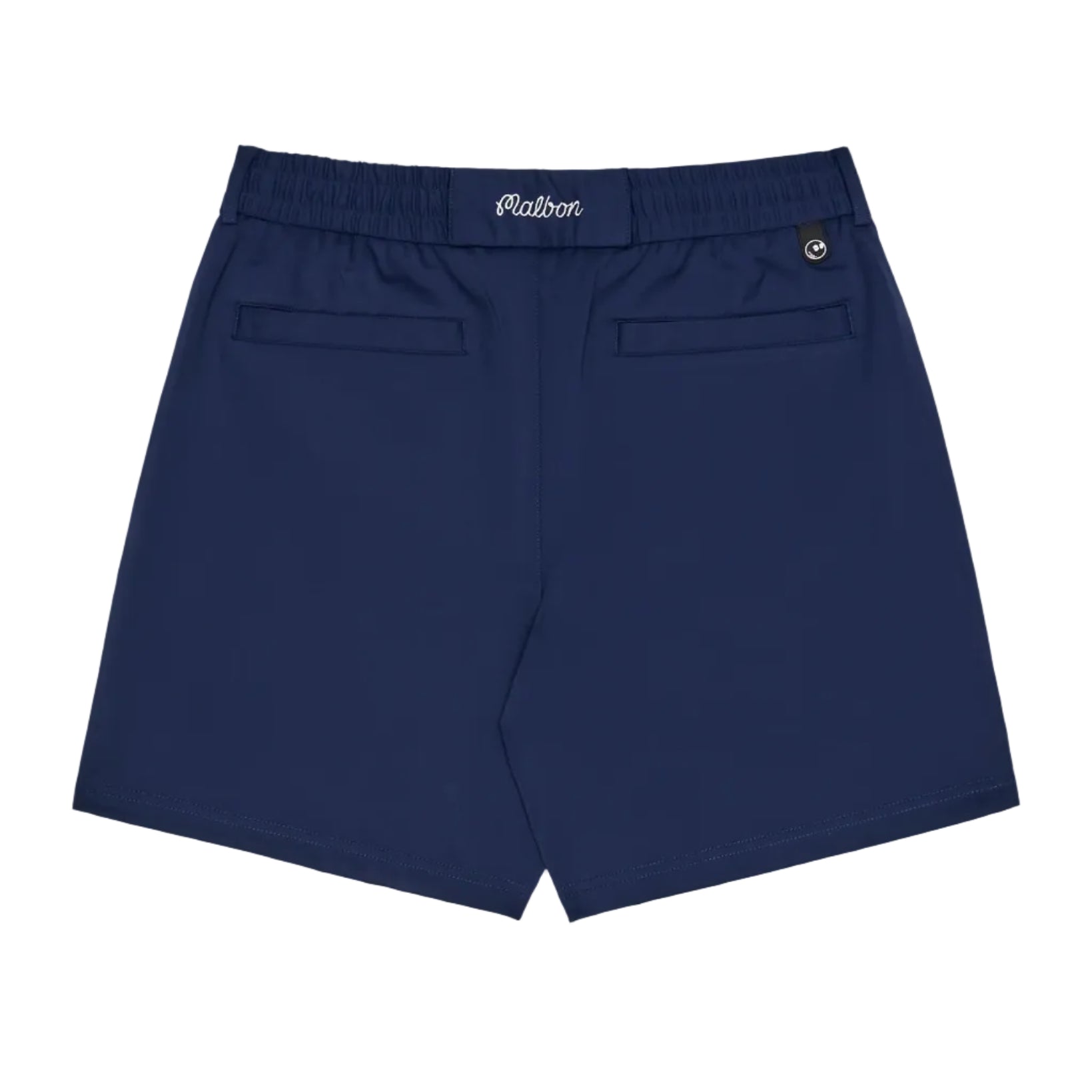 Navy blue shorts with a logo on a white background, back view