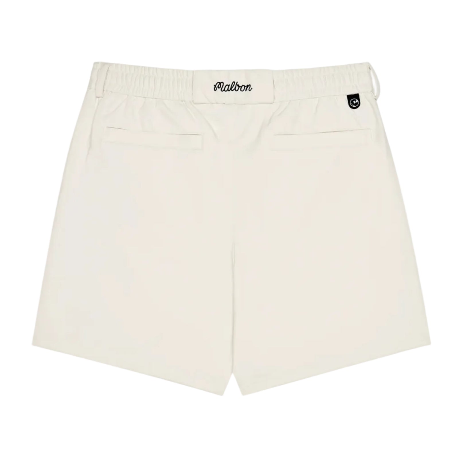 Beige shorts with a brand logo on a white background