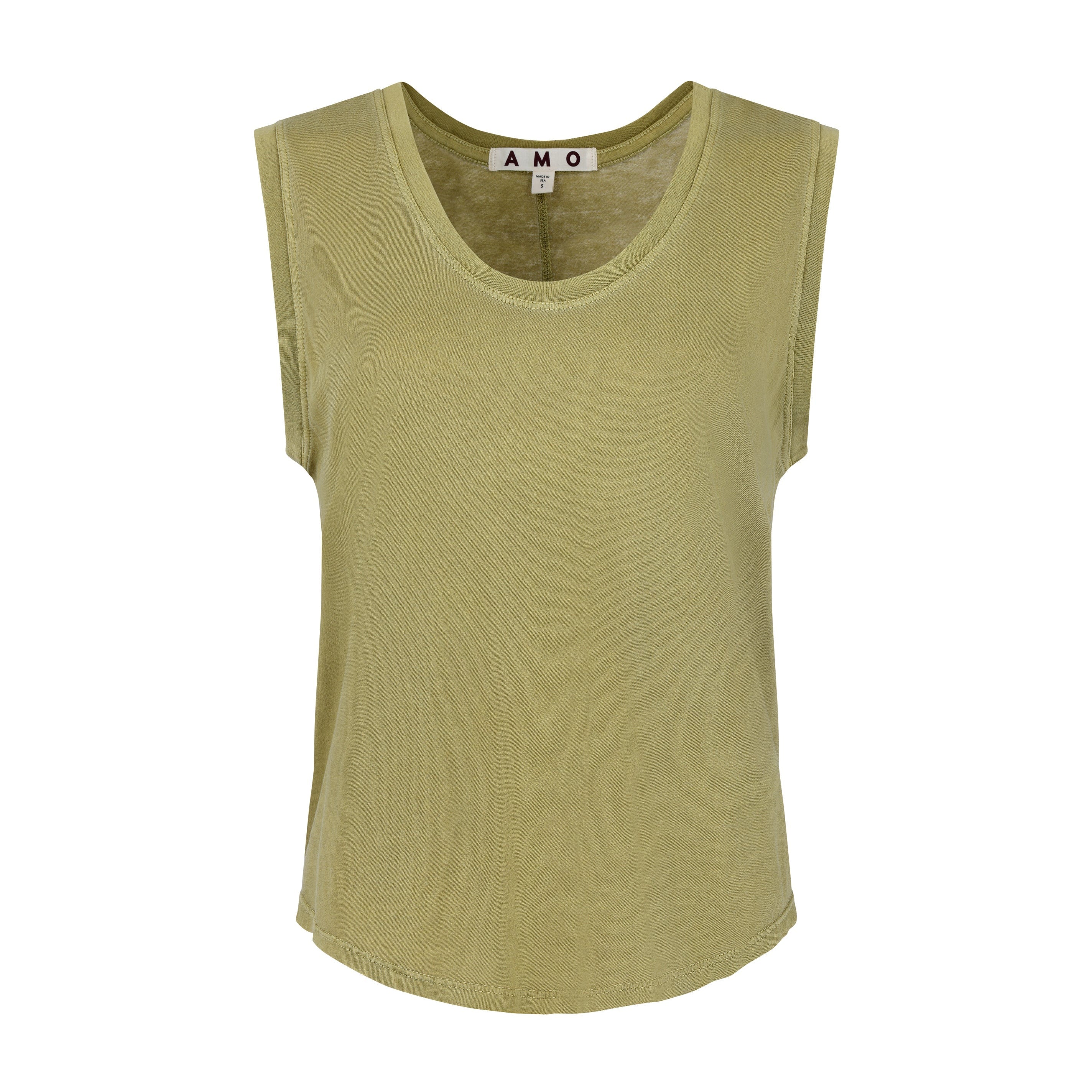 Green sleeveless top with 'AMO' branding on a white background
