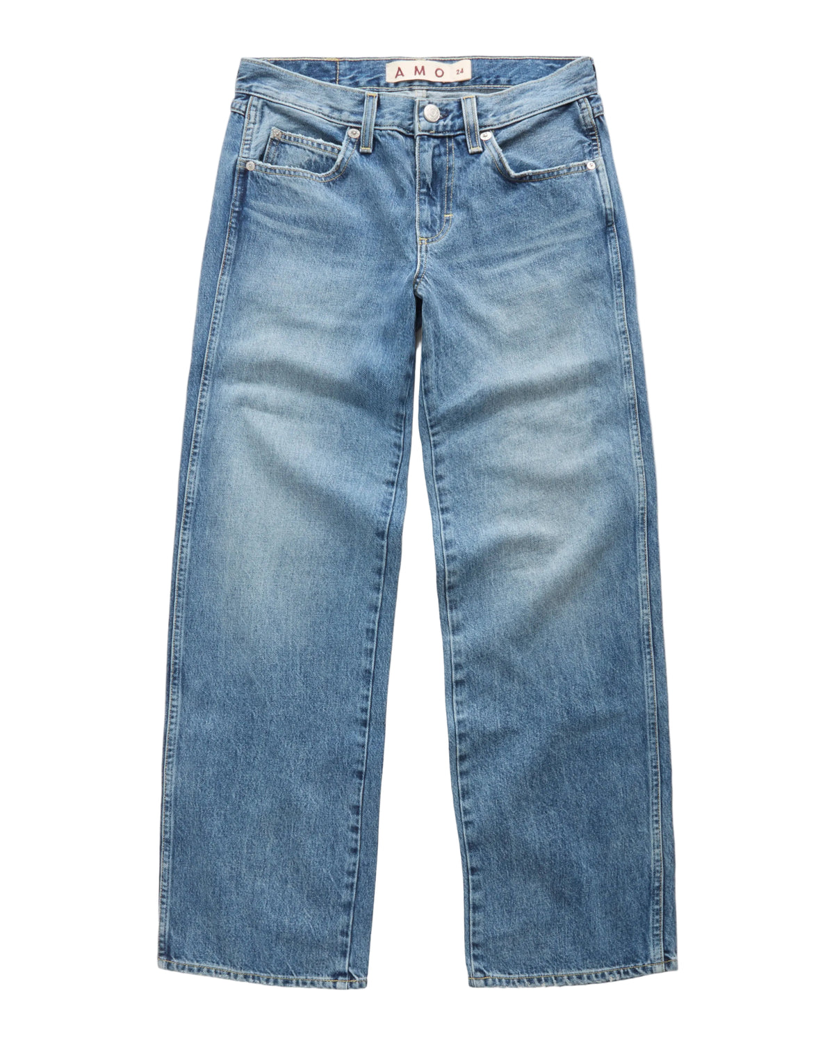 Light blue denim jeans with a straight-leg fit, featuring a faded wash and a visible 'AMO' brand label at the waistband, shown flat on a white background.