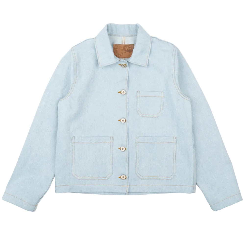 Light blue denim jacket on a white background