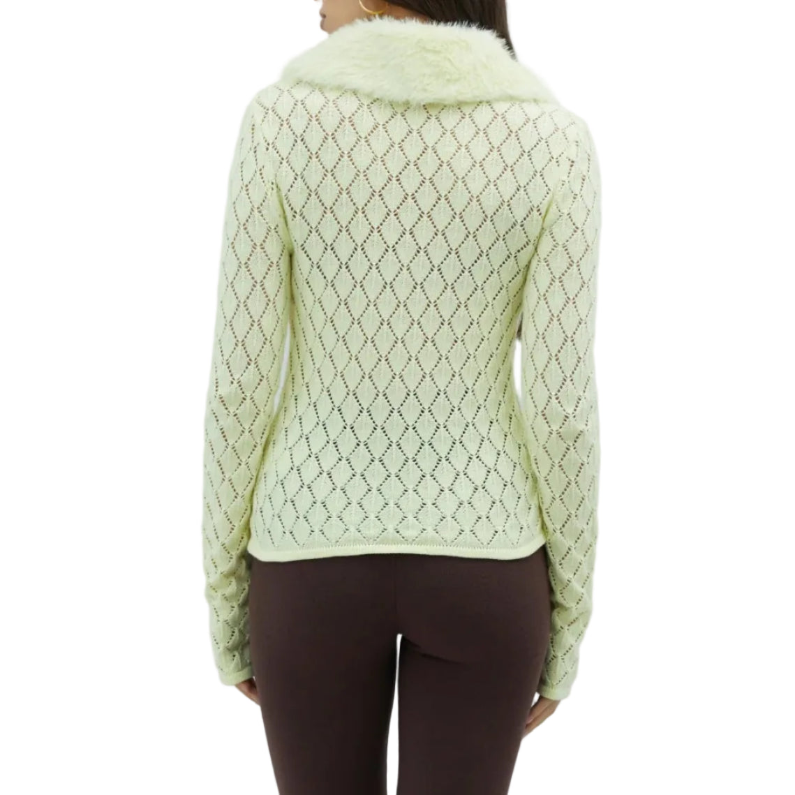 Back view of a woman wearing a light yellow knitted cardigan with a fur collar against a plain background