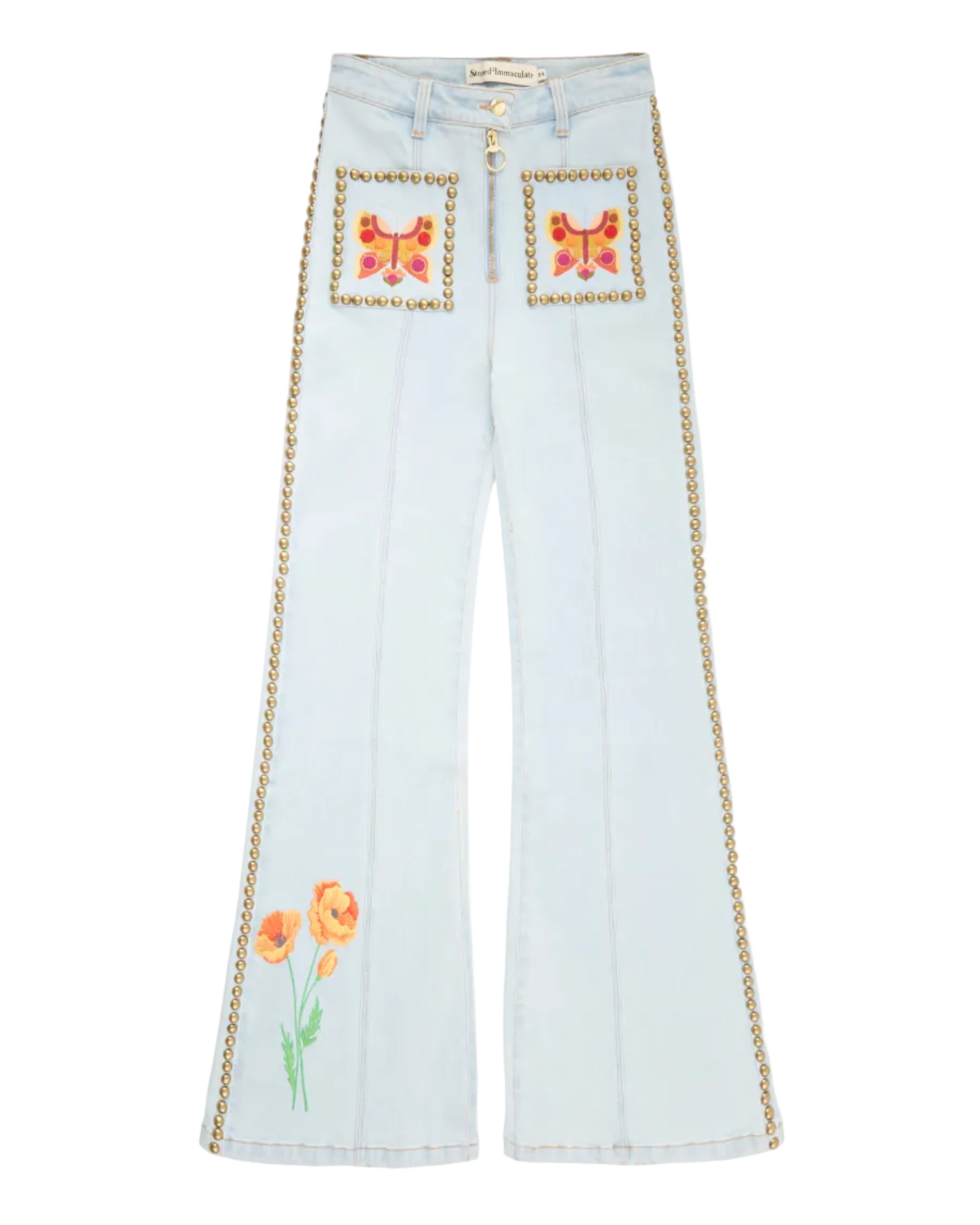 Light blue jeans with butterfly and flower embroidery on a white background