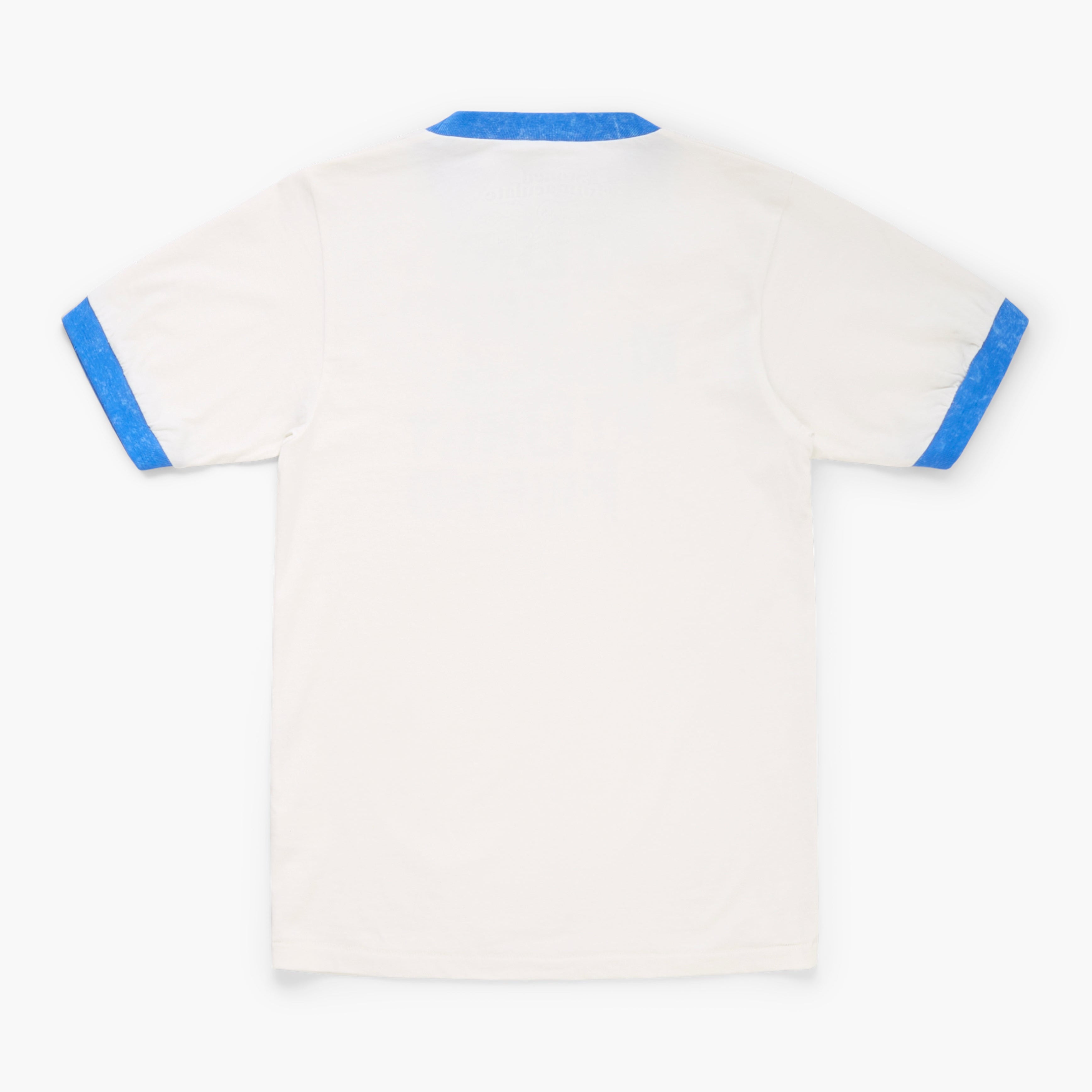 White t-shirt with blue accents on a white background