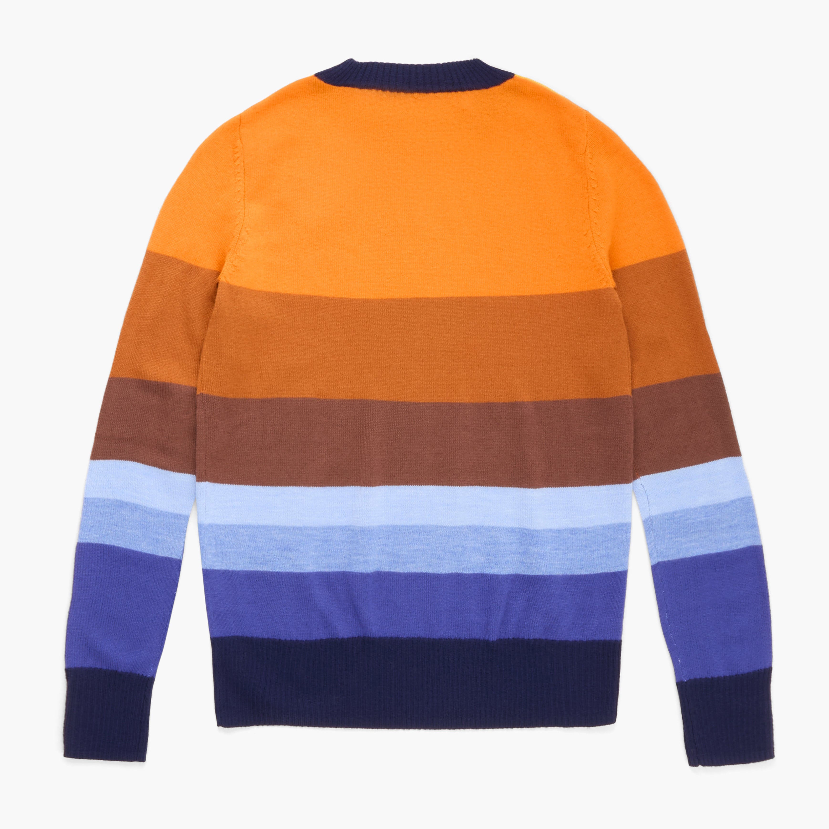 Colorful striped sweater with orange, brown, blue, and purple on a white background