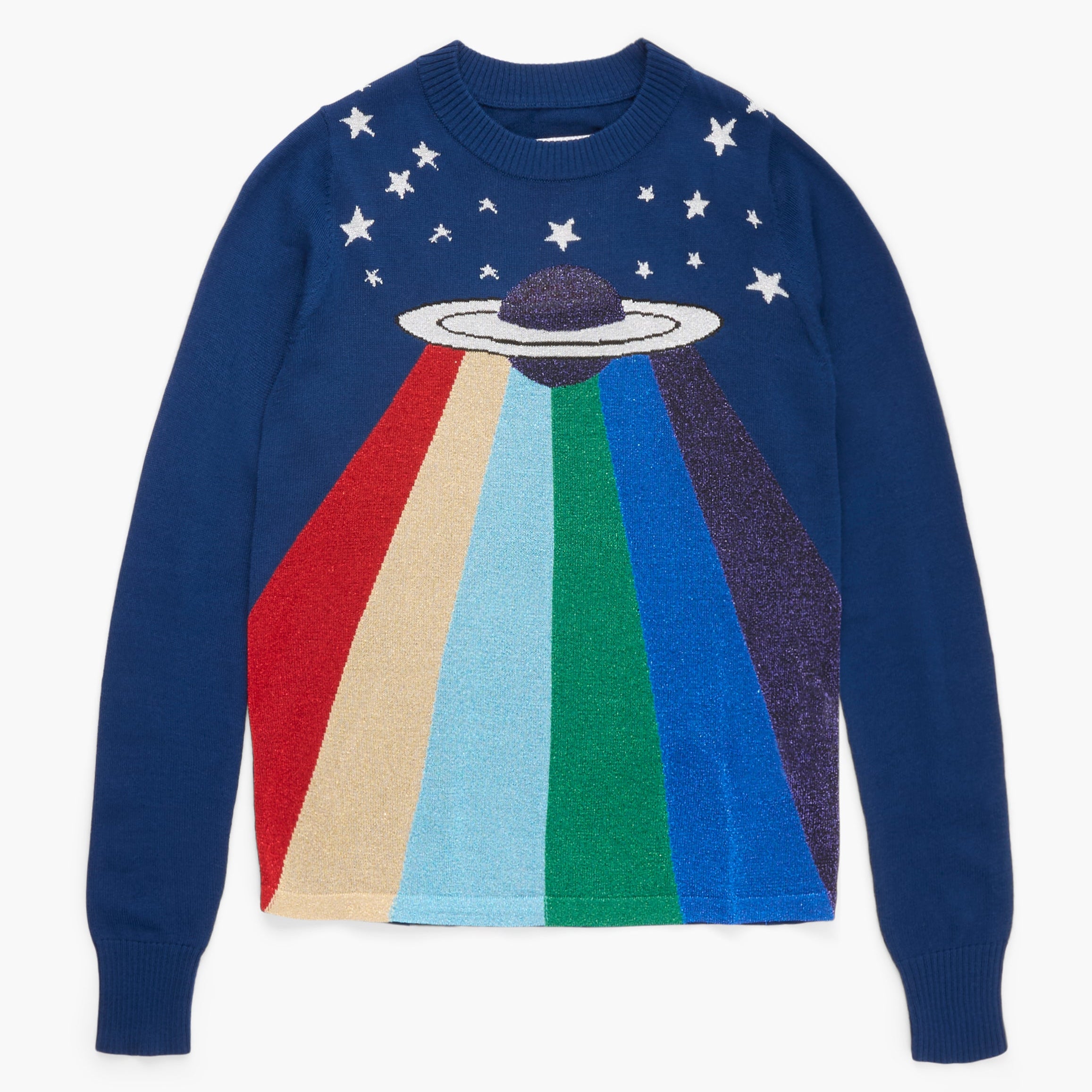 Sweater with a colorful design of a spaceship and stars on a white background