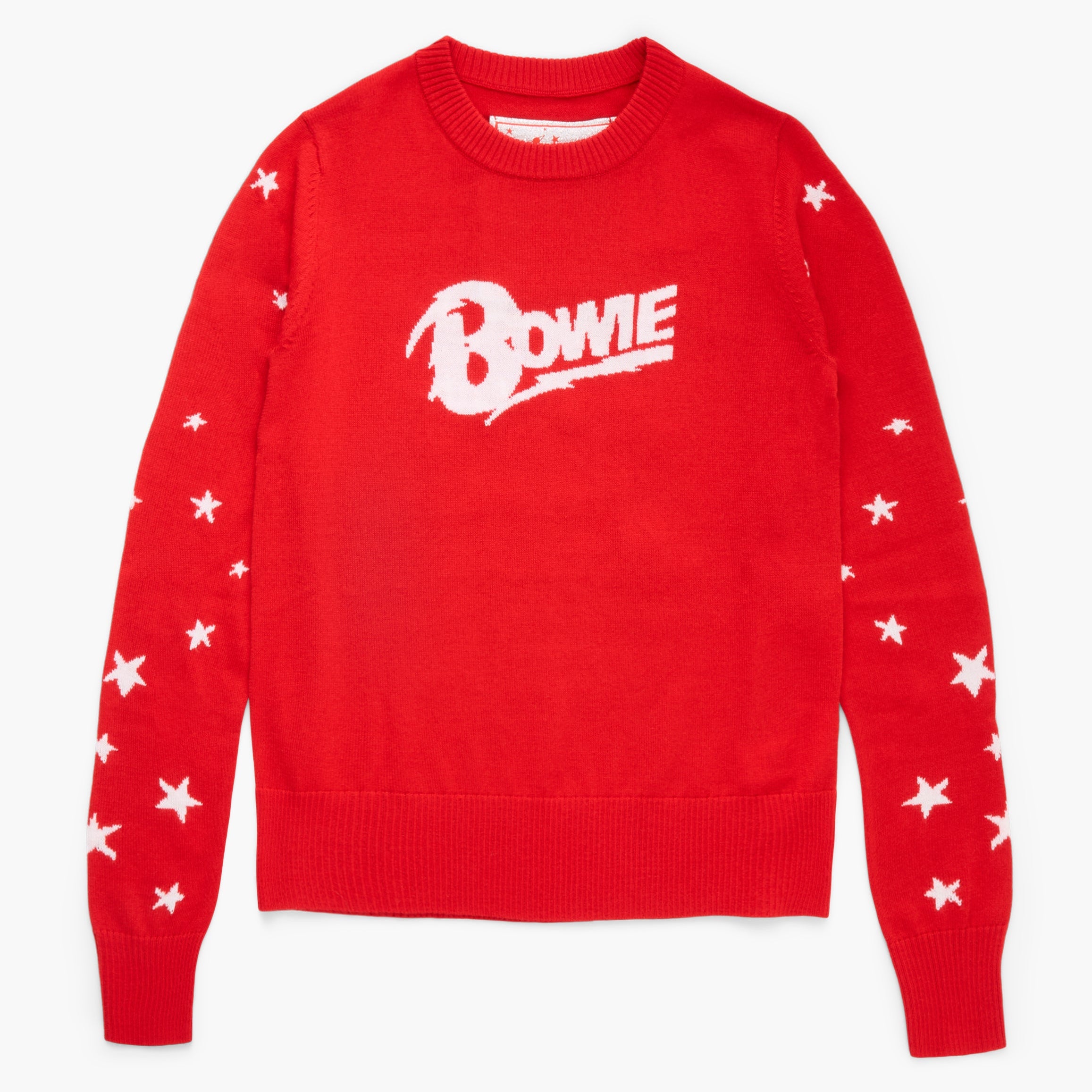 Red sweater with 'Bowie' logo and star patterns on a white background