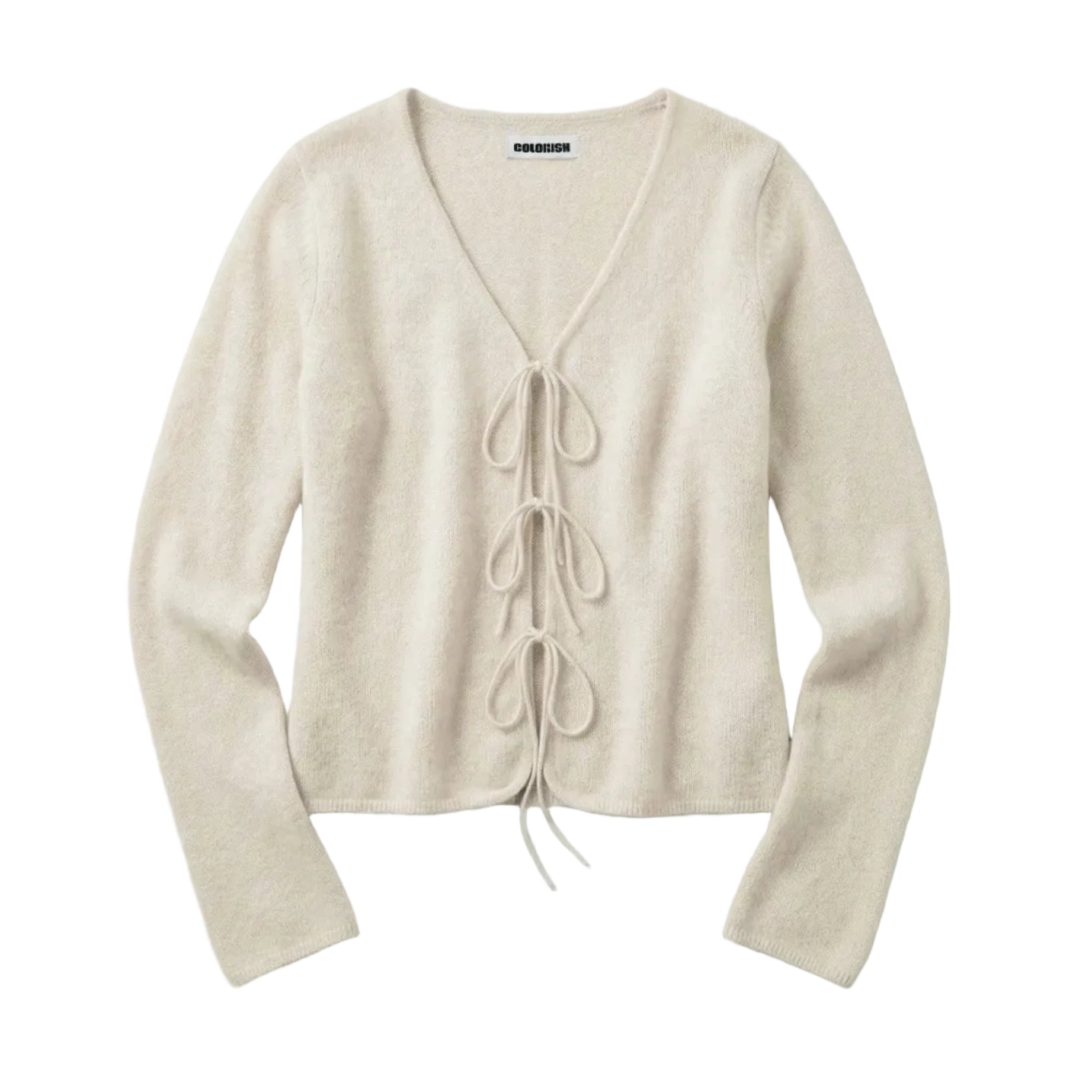 A cream-colored knit cardigan sweater with long sleeves, a V-neckline, and a front tie closure, laid flat against a white background.