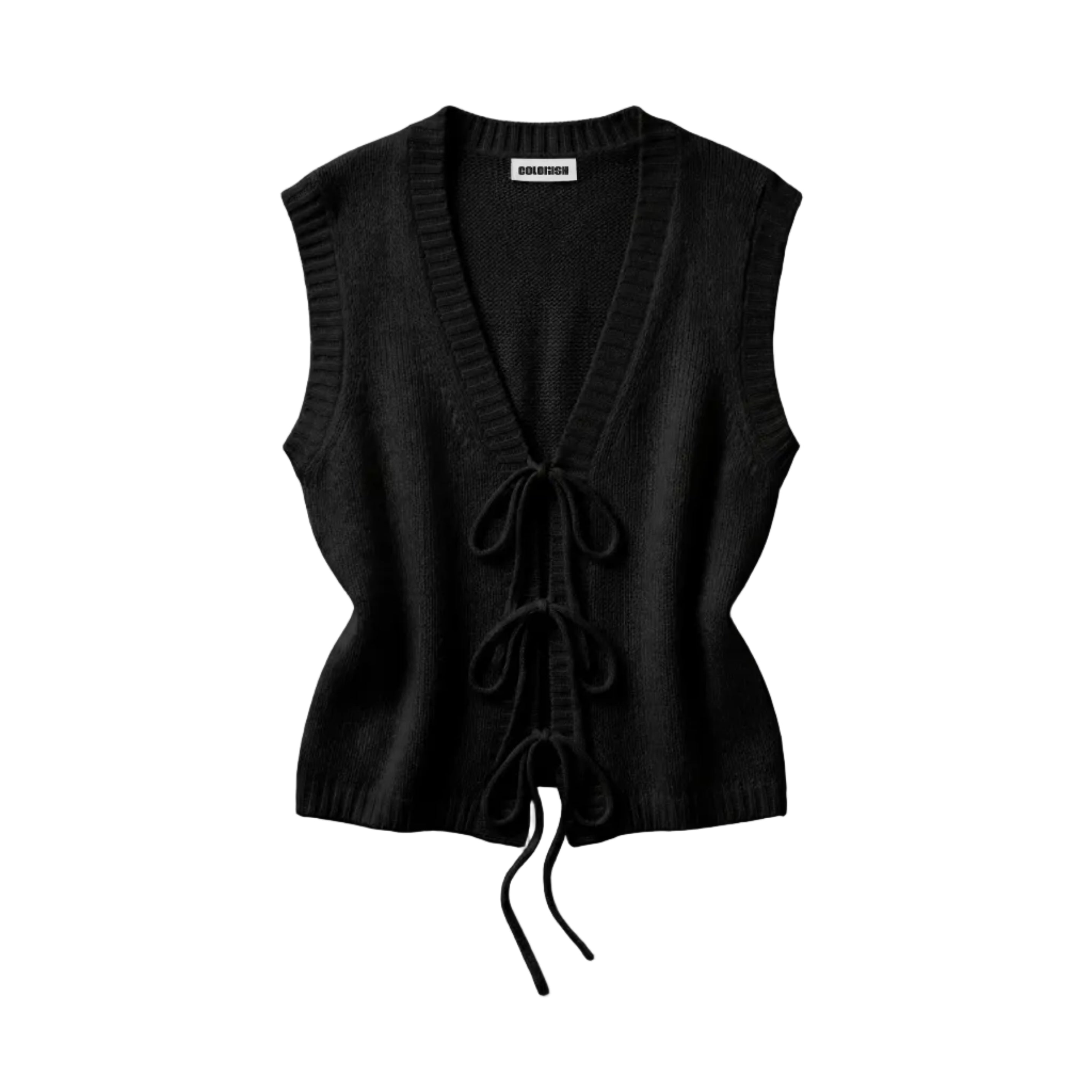 Black sleeveless top with lace-up front on a white background