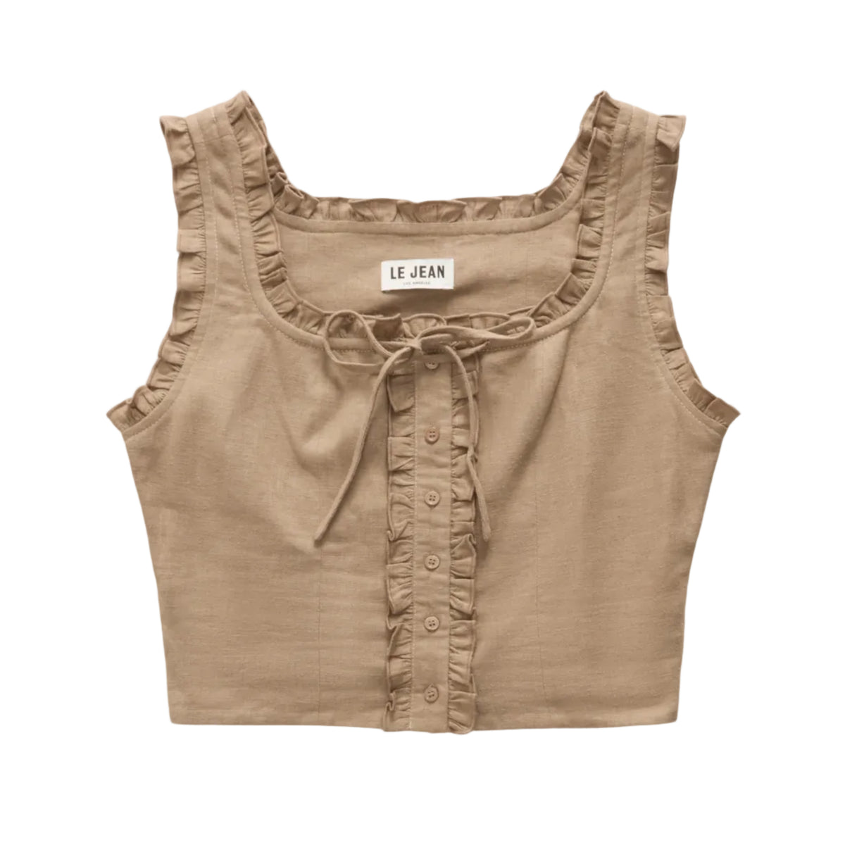A sleeveless cropped top in a warm taupe-beige color, featuring delicate ruffle trim along the scoop neckline, tie-front detail, and buttoned ruffle placket. The brand label 'LE JEAN' is visible at the inner neckline.