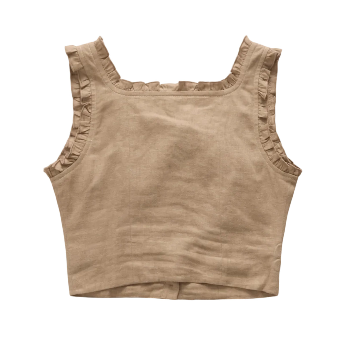 A cropped sleeveless top in a warm taupe-brown linen fabric, featuring ruffled trim along the scoop neckline and armholes, laid flat against a white background.