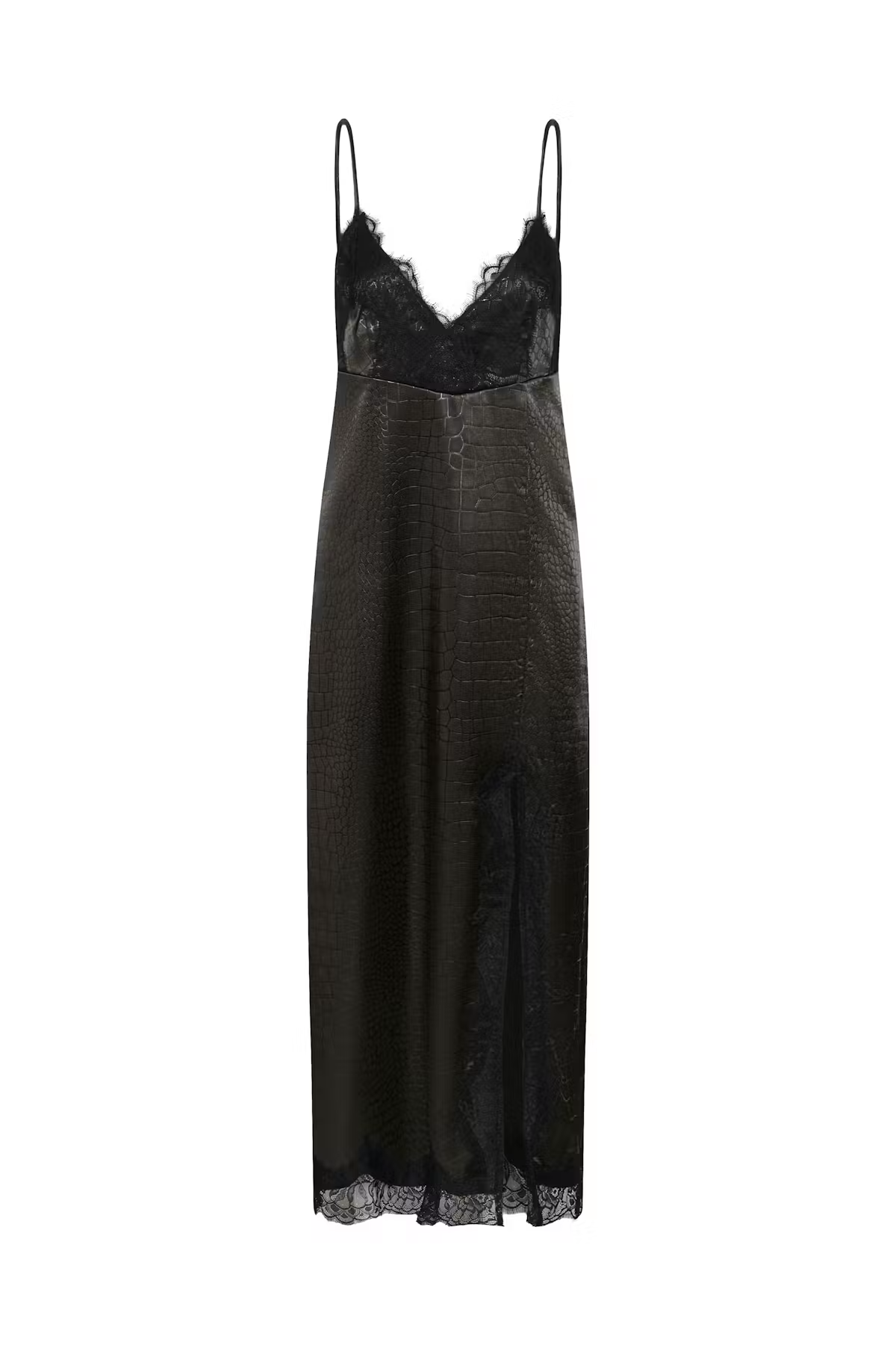 A black lace slip dress with spaghetti straps and a textured satin-like skirt, shown against a plain white background.
