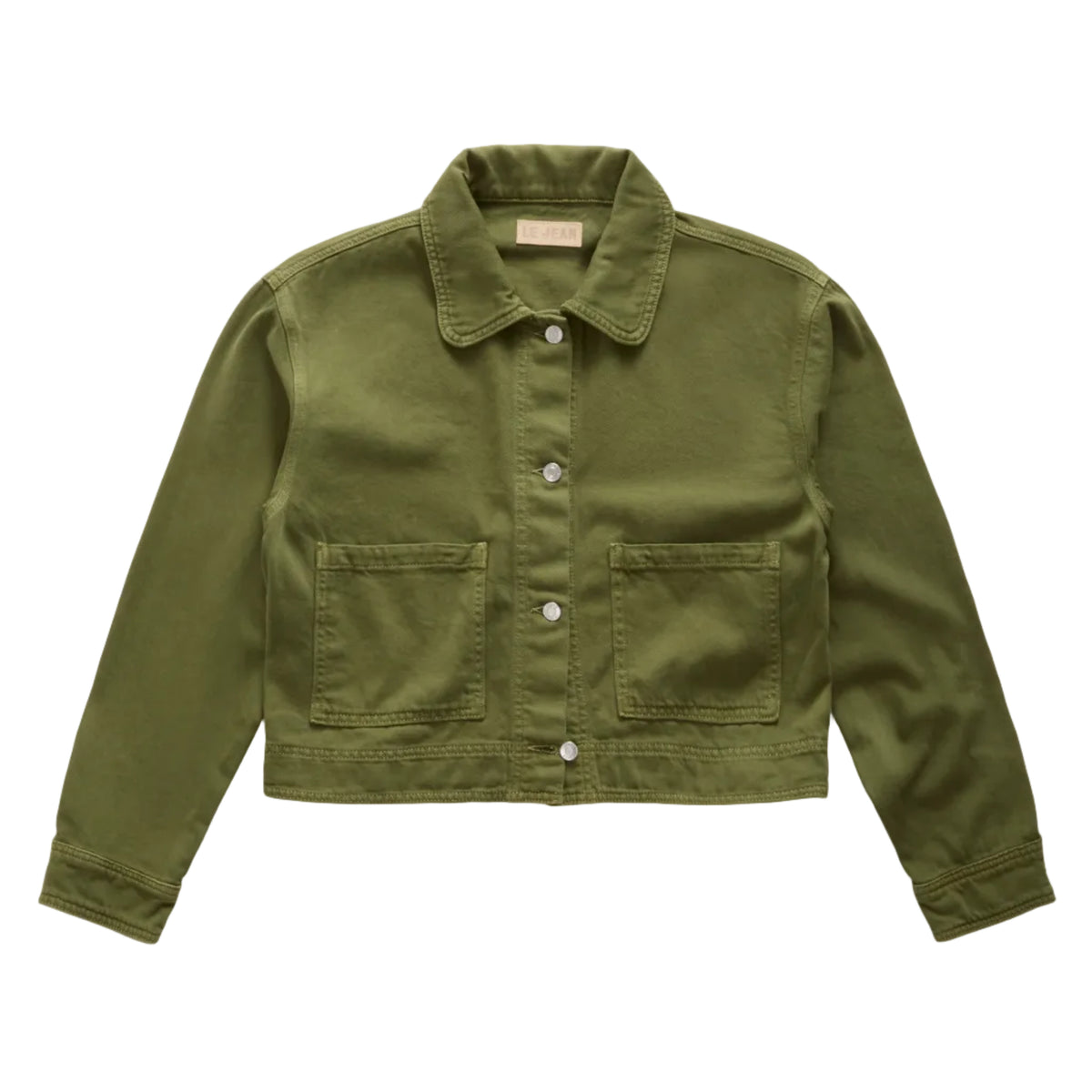 An olive green cropped canvas utility jacket with a pointed collar, button-up front, and two front flap pockets, laid flat on a white background.